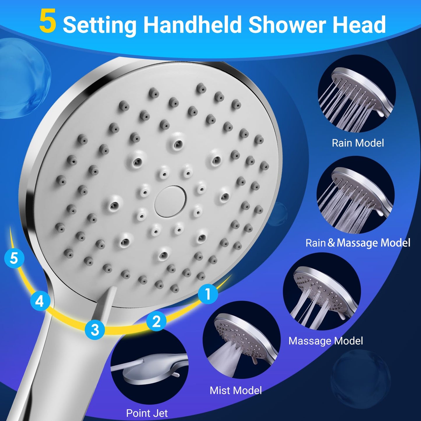 Anysig 10" rain shower head with handheld spray, rainfall shower head with 11" Adjustable Extension Arm, 5 Settings Handheld, Includes Holder/Hose,Built-in Power Wash, Dual Rainfall Shower Head, Chrom