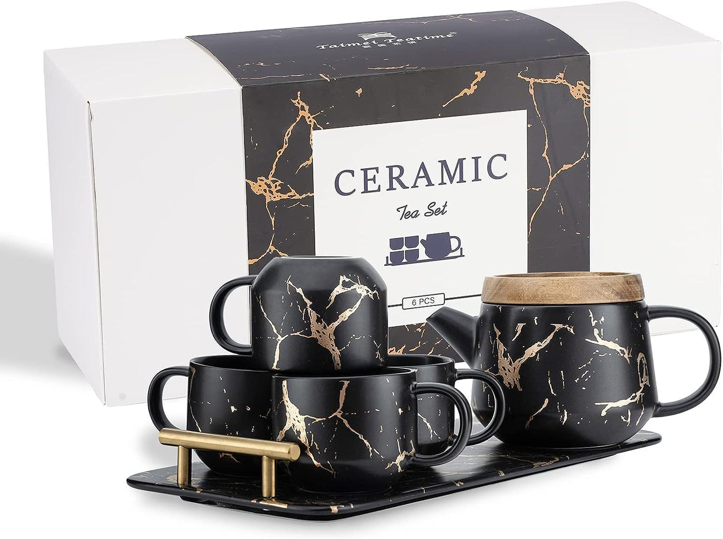 Black Tea Set, 25oz Tea Pot Sets with Infuser, 4 Tea Cups and Porcelain Tray, Luxury Tea Sets for Women with Modern Marble Design, Tea Gift Set for Tea Lovers, Woman and Men