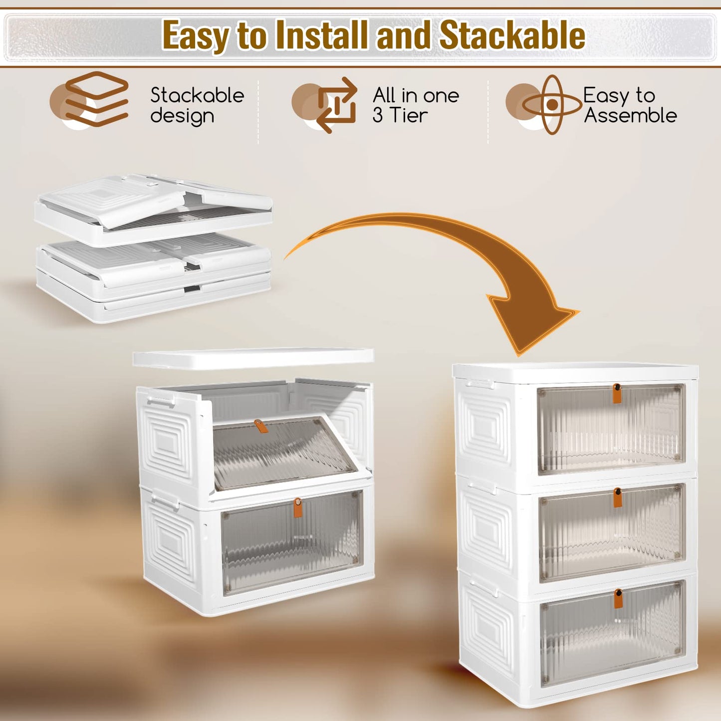 4 Tier Plastic Storage Bins and Boxes Organizer - Stackable with Lids for Bedroom, Living Room, Kitchen, Office - Foldable Containers