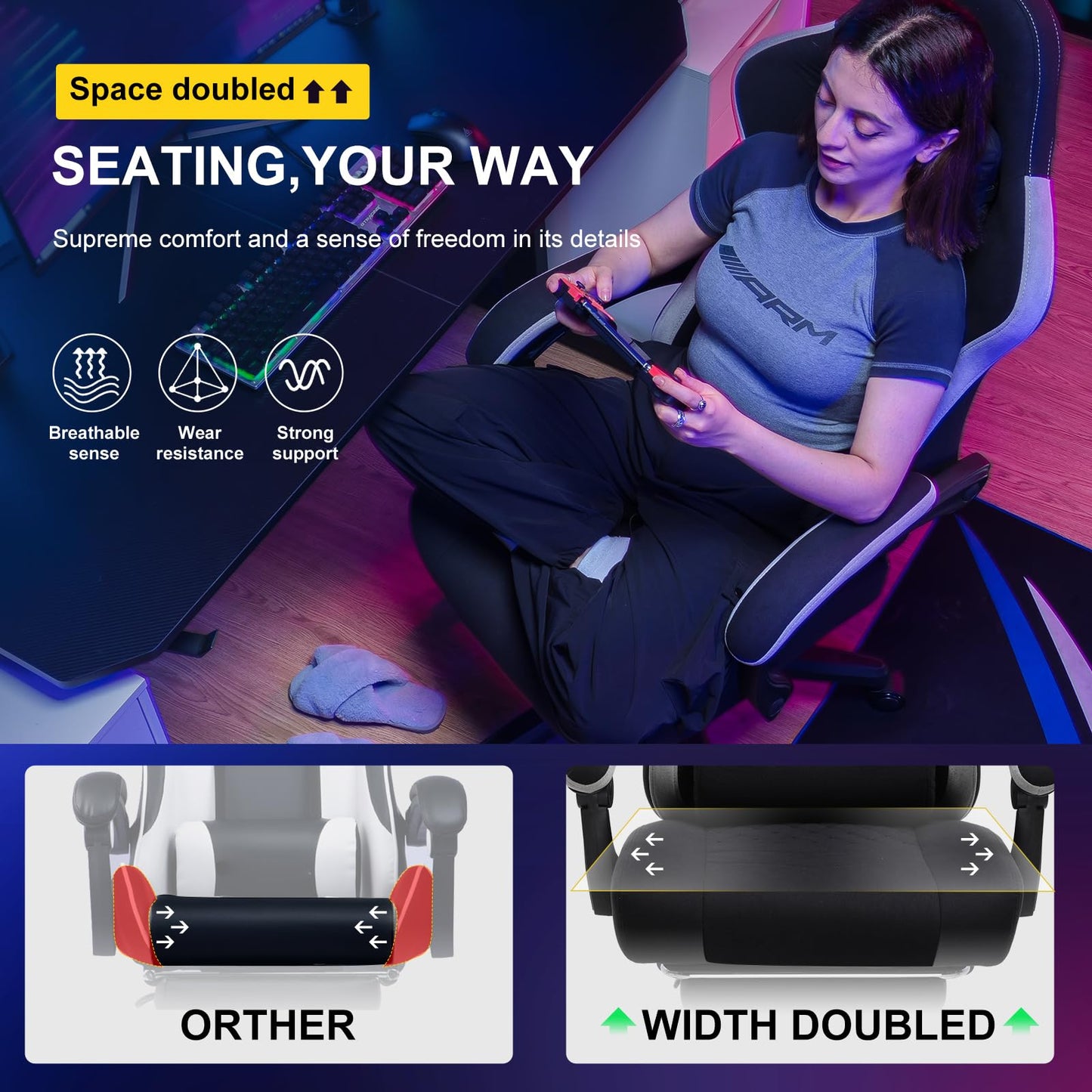 GTPLAYER Gaming Chair with Footrest Fabric Office Chair with Pocket Spring Cushion and Linkage Armrests, High Back Ergonomic Computer Chair with Lumbar Support Task Chair (Black)