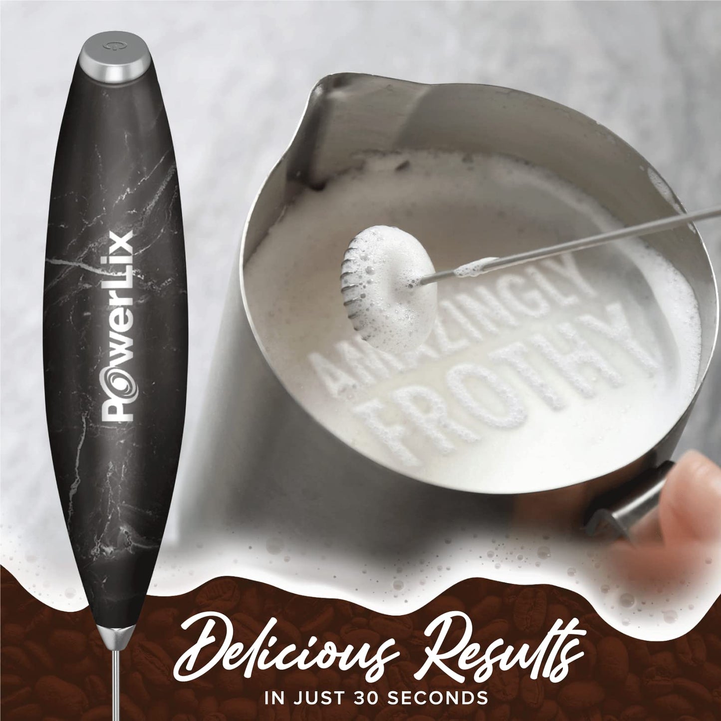 PowerLix Milk Frother Handheld Battery Operated Electric Whisk Foam Maker For Coffee, Latte, Cappuccino, Hot Chocolate, Durable Mini Drink Mixer With Stainless Steel Stand Included (Black Marble)