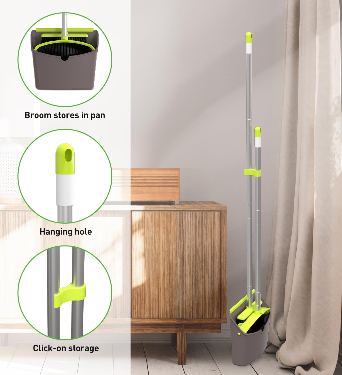 Broom with Dustpan Combo Set, Broom with Stand Up Dustpan, Broom and Dust Pan Set with Long Handle
