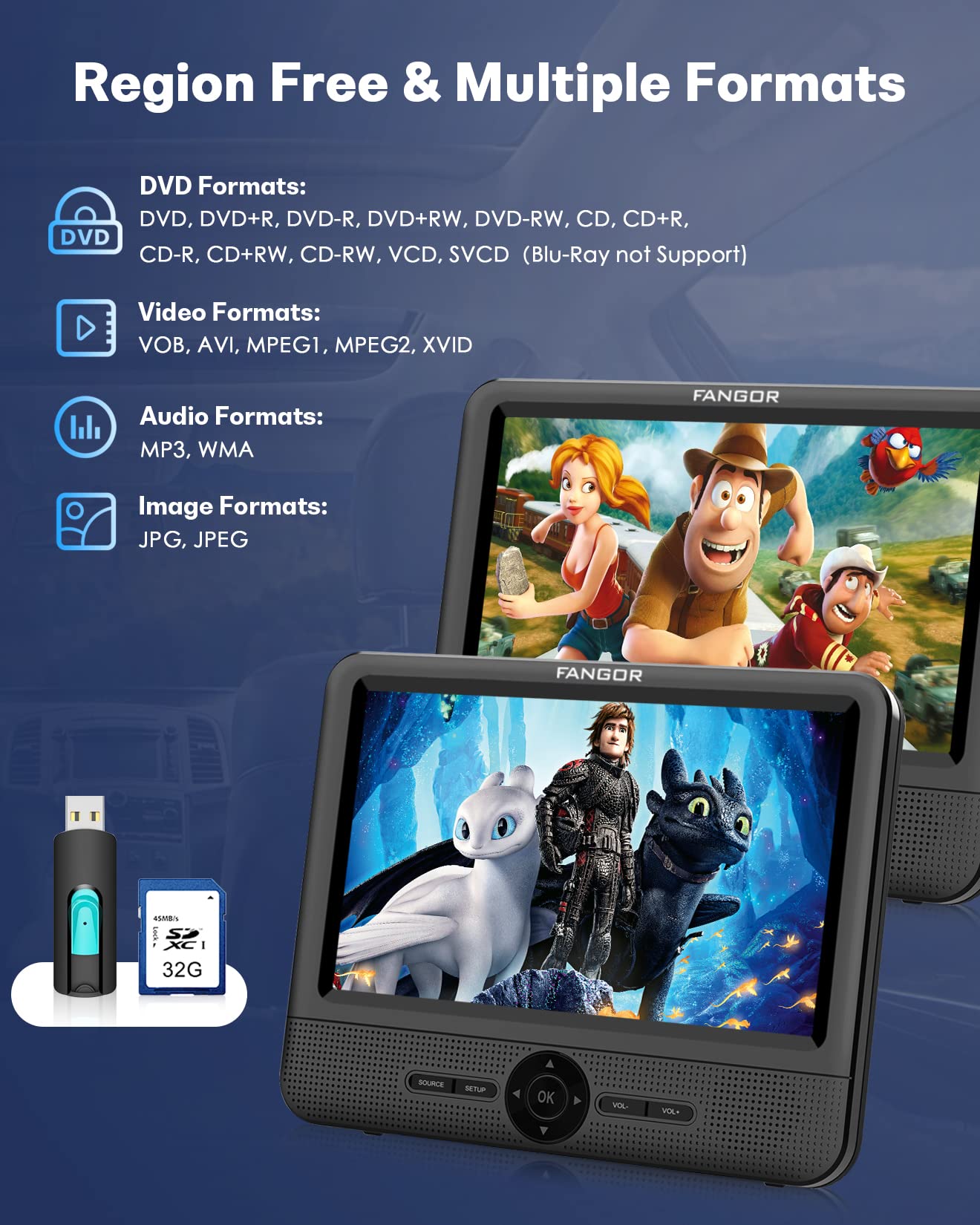 FANGOR 7.5" Dual Portable DVD Player for Car, Car DVD Player Dual Screen Play a Same or Two Different Movies with Headrest Strap, Regions Free,Support Last Memory, AV Out&in,USB/SD/Sync TV