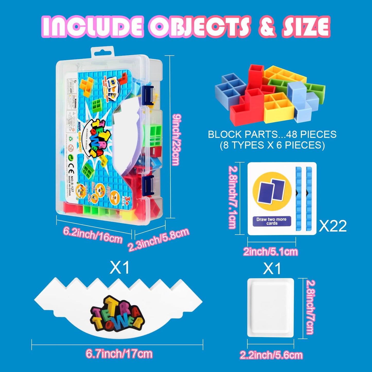 HOMELAM 48 PCS Tetra Tower Stacking Game with Storage Box, Balance Building Blocks Board Game, 2+ Players Family Games for Kids, Adults, Party, Friend