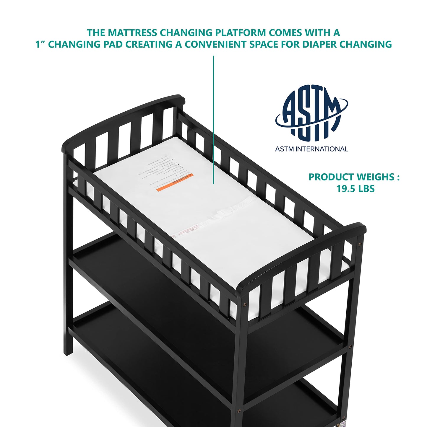 Dream On Me Emily Changing Table In Black, Comes With 1" Changing Pad, Features Two Shelves, Portable Changing Station, Made Of Sustainable New Zealand Pinewood