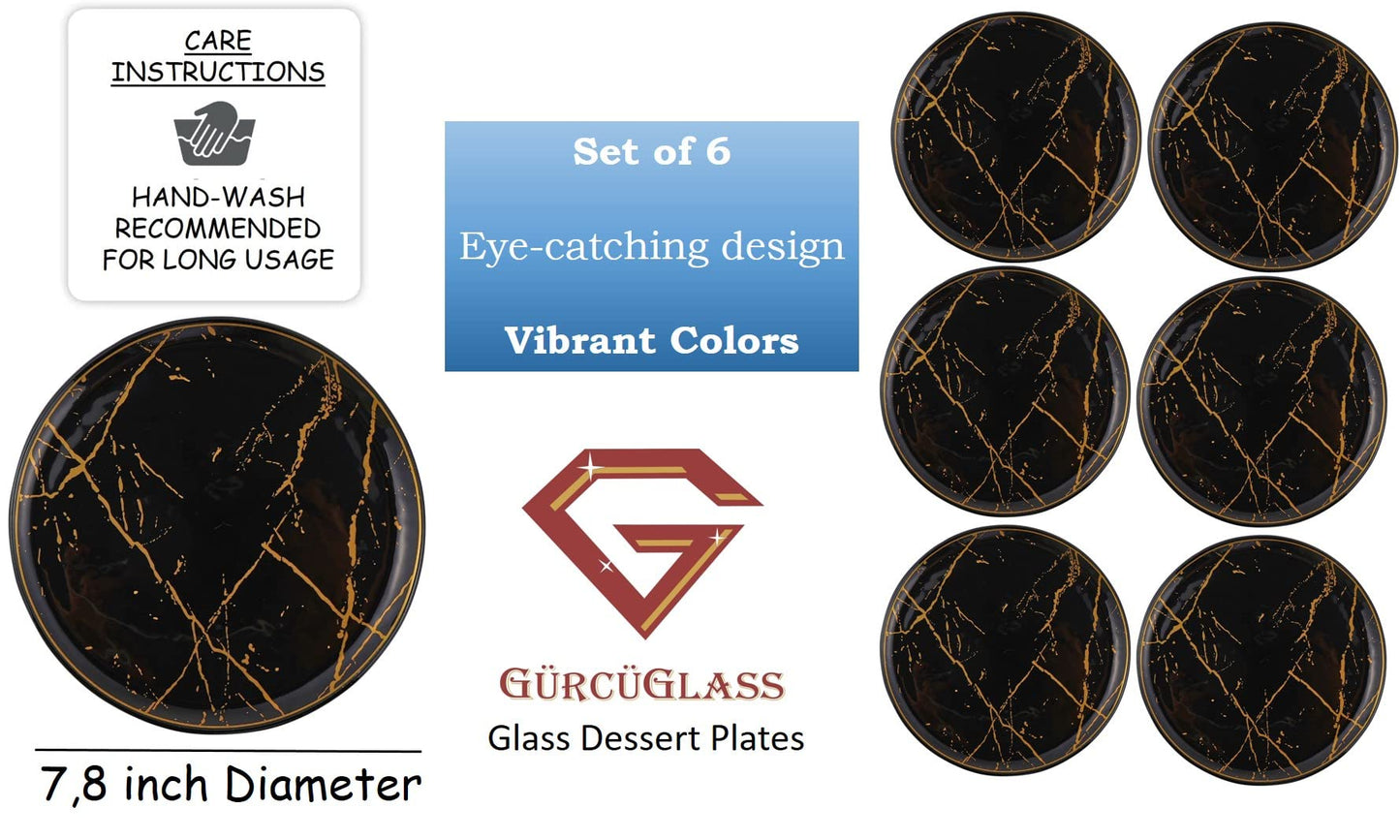 GURCUGLASS Glass Plate Set 7,8 Inch - Salad Plates | Dessert Appetizer Plates - Glass Lunch Plates - Small Plates Set, Set of 6, Suitable for Snacks, Appetizer, Home, Party, Restaurant (Black Marble)