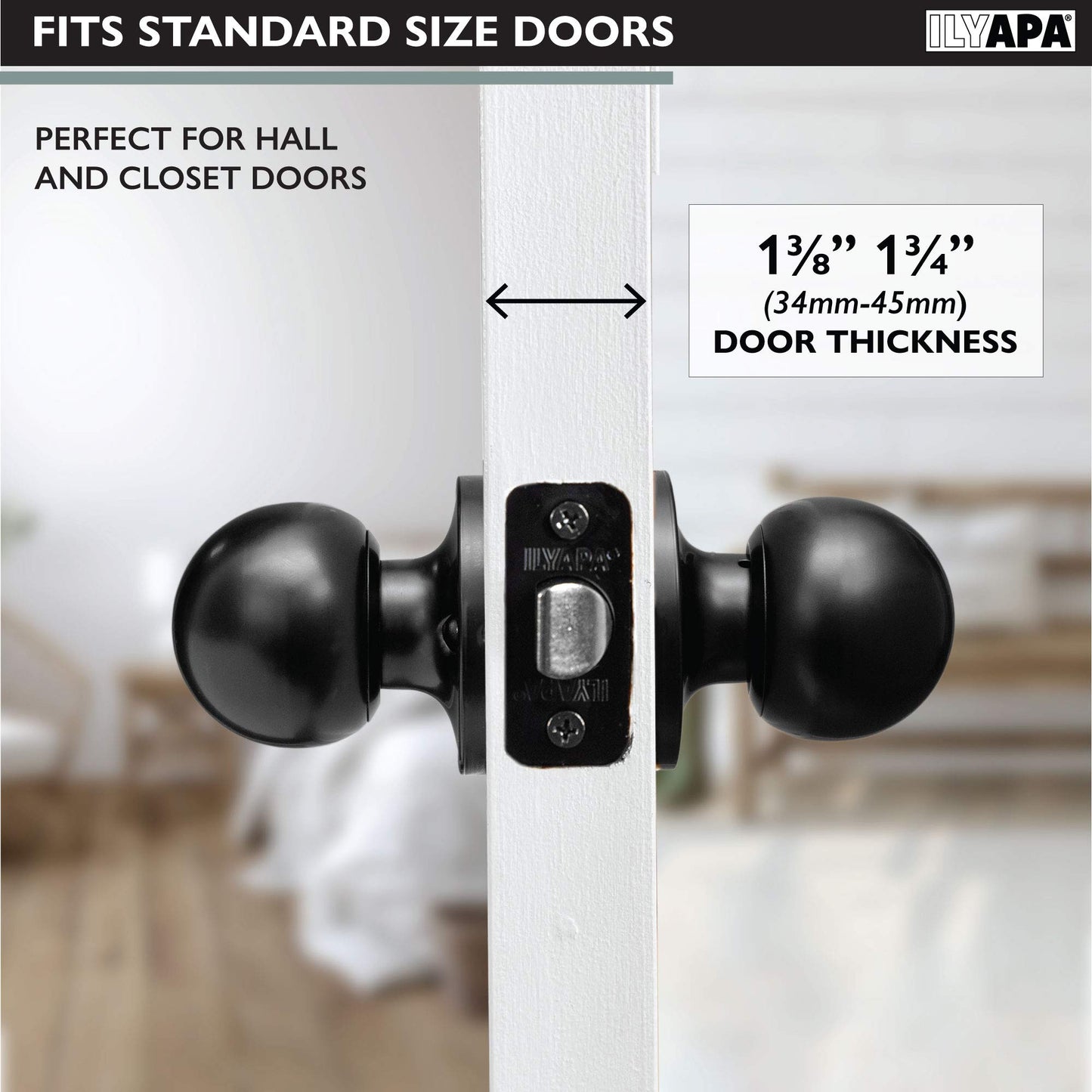 Ilyapa Passage Door Knobs, Black Closet Door Knob- Ball Style Closet Door Handle Matte Black, Door Knobs Interior Non Locking Indoor Doorknob, Black Matte Door Knob, 6 Pack