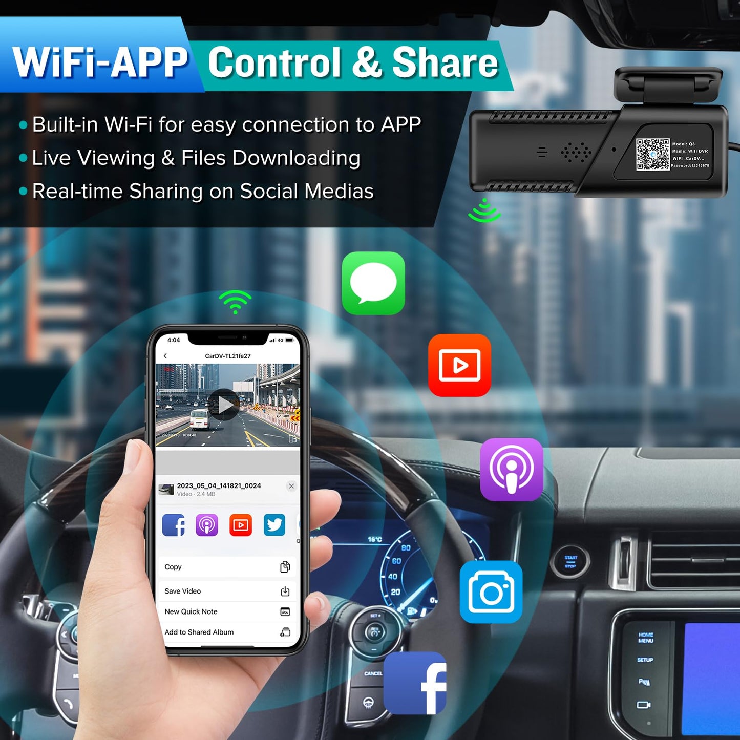 Dash Cam, WiFi FHD 1080P Dash Camera for Cars, Mini Car Camera, Dash Cam Front with Free 64GB SD Card, 160° Wide Angle, Night Vision, Loop Recording, 24H Parking Monitor, Support 128GB Max