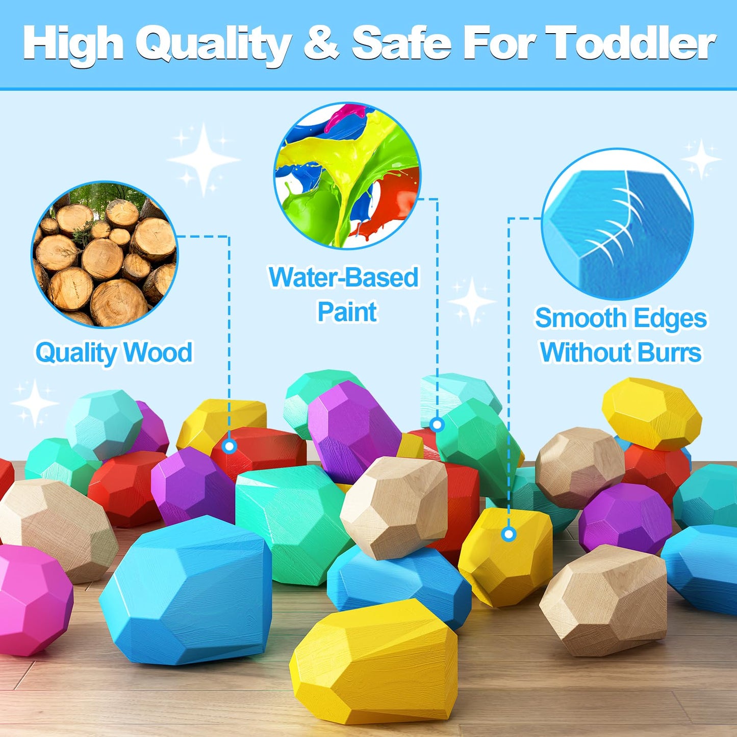 IGIVI Montessori Toys Rainbow Wooden Stacking Rock Set - 42 Natural Wood Blocks - Early Learning Sensory Toys for Toddlers - Birthday Gifts Toys for 2-4 Year Old Boys & Girls