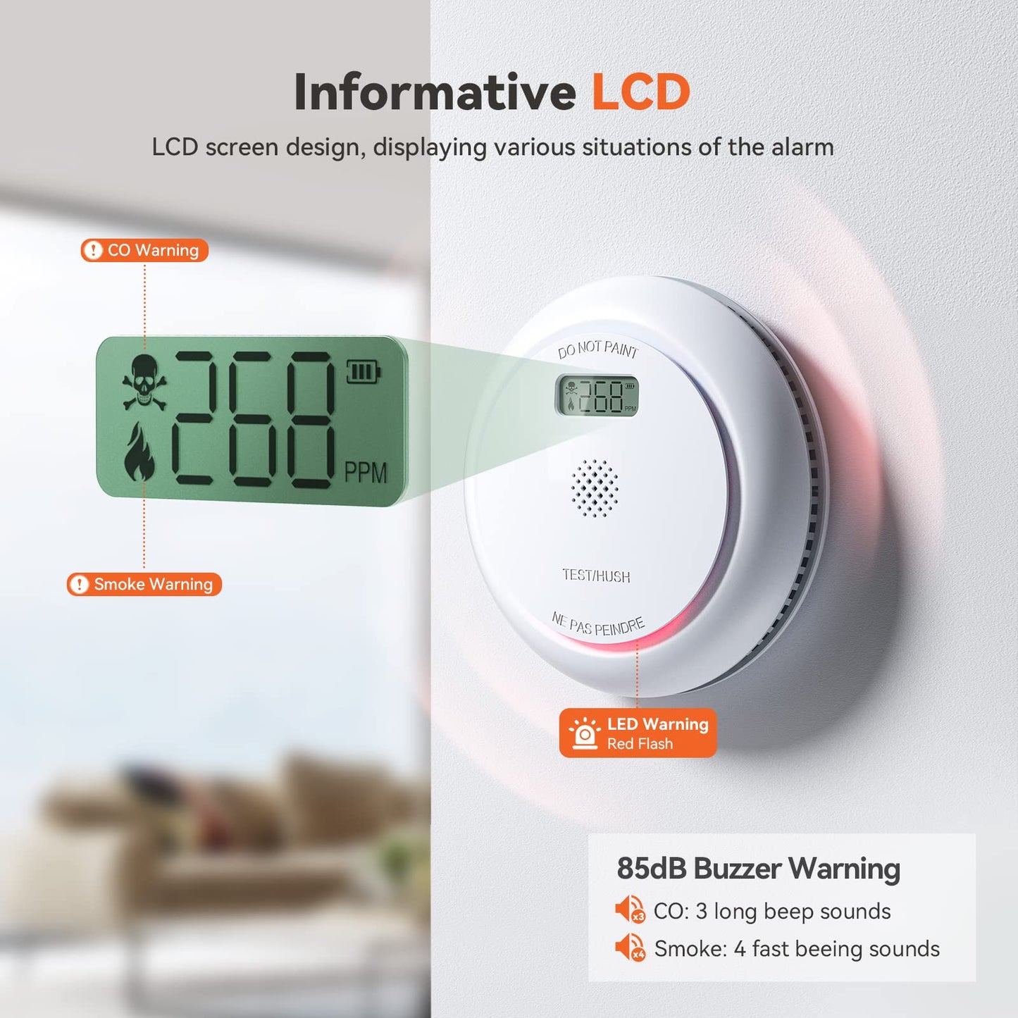 Jemay Combination Smoke and Carbon Monoxide Detector, Battery Operated Smoke Detector Carbon Monoxide Detector Combo with 10-Year Lifespan,Large LCD Display, Test/Silence Button, 1 Pack