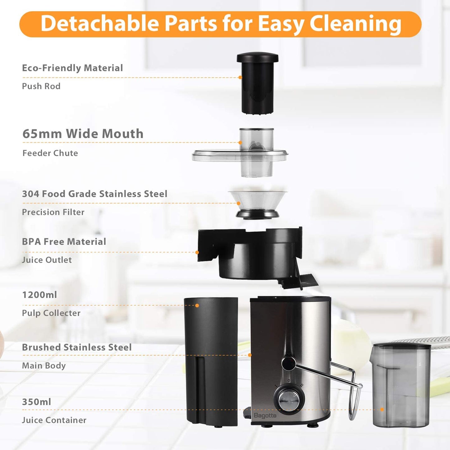 Juicer Machine, Bagotte 400W Centrifugal Juicer Extractor with 3 Speeds, 3'' Feed Chute for Fruit and Vegetable, Juicer,304 Stainless Steel,Easy to Clean,Anti-drip,BPA Free, Included Brush, DB001