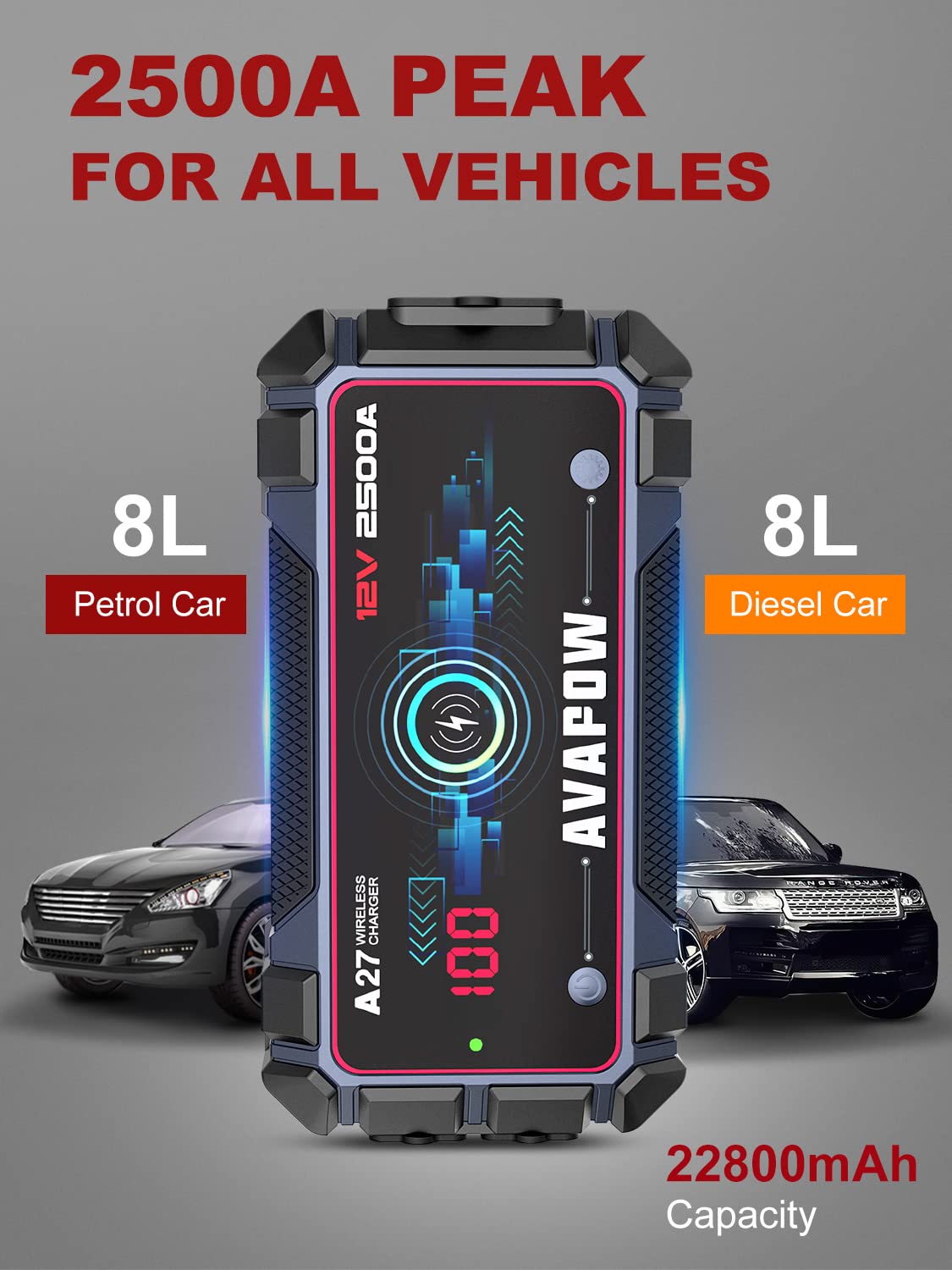 AVAPOW Jump Starter Car Battery 2500A Peak,Portable Jump Starters for Up to 8L Gas 8L Diesel Engine with Booster Function,Wireless Charging Design,12V Lithium Jump Pack with Smart Safety Clamp, IP65