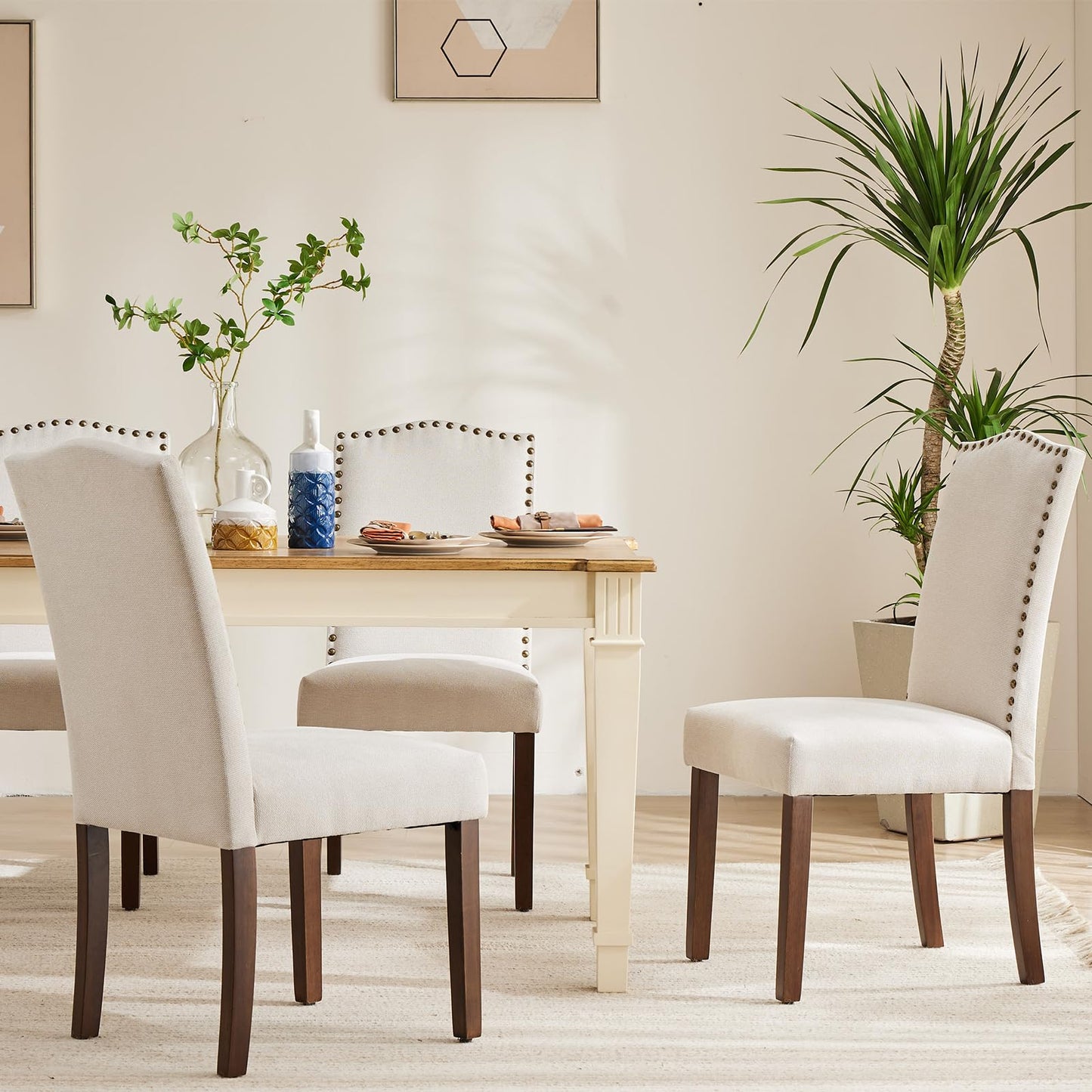 DUMOS Dining Chairs Set of 6, Fabric Dining Room Chairs, Upholstered Parsons Chairs with Nailhead Trim and Wood Legs, Kitchen Side Chair for Living Room,Bedroom, Kitchen, Beige