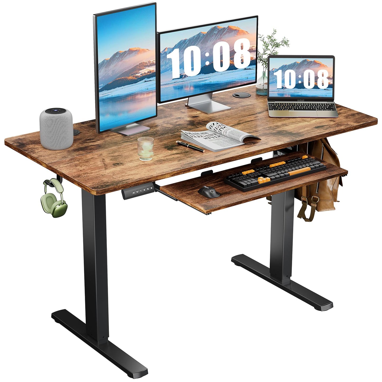 Standing Desk with Keyboard Tray, 48 x 24 Inches Electric Desk Adjustable Height, Ergonomic Adjustable Desk with Memory Preset, Computer Desk Stand Up Desk Suitable for Home Office, Rustic Brown