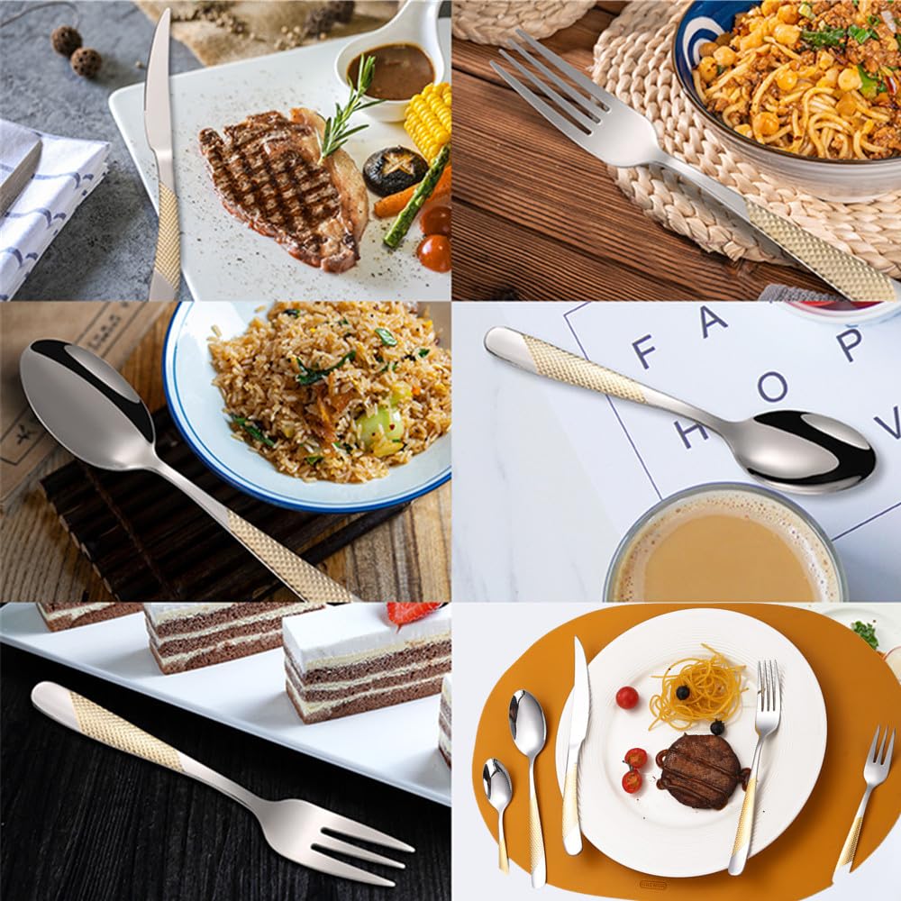 A·HOUSEWARE Hammered Silverware Set Gold and Silver 20 Pieces Stainless Steel Cutlery Flatware Sets for 4 Forks Spoons with Patten Handle Dishwasher Safe Heavy Duty