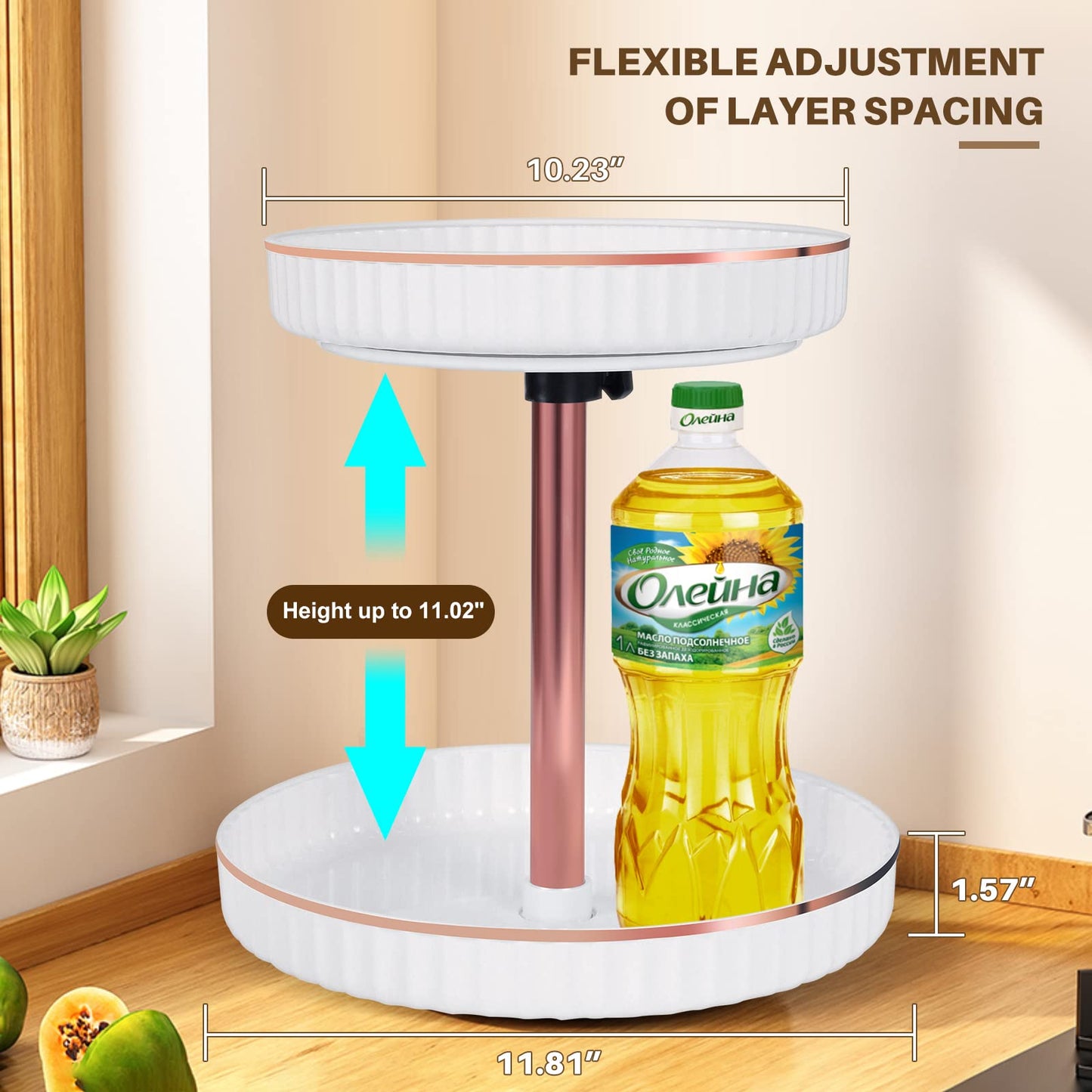 2 Tier Lazy Susan Organizer, Spice Rack Organizer for Cabinet, Lazy Susan Spice Organizer Plastic Turntable, 360° Rotating Spice RackCountertop Organization and Storage, White(Diameter 10.23"-11.81")