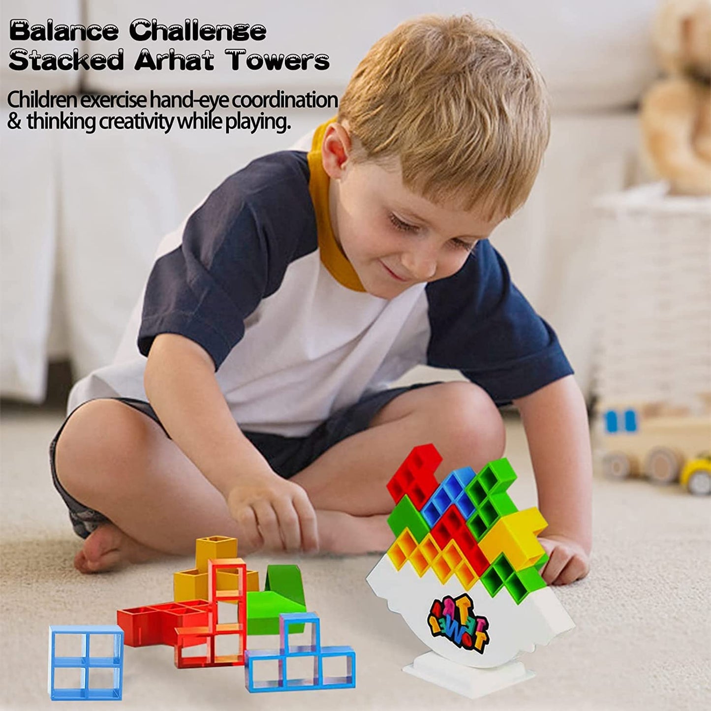 HOMELAM 48 PCS Tetra Tower Stacking Game with Storage Box, Balance Building Blocks Board Game, 2+ Players Family Games for Kids, Adults, Party, Friend