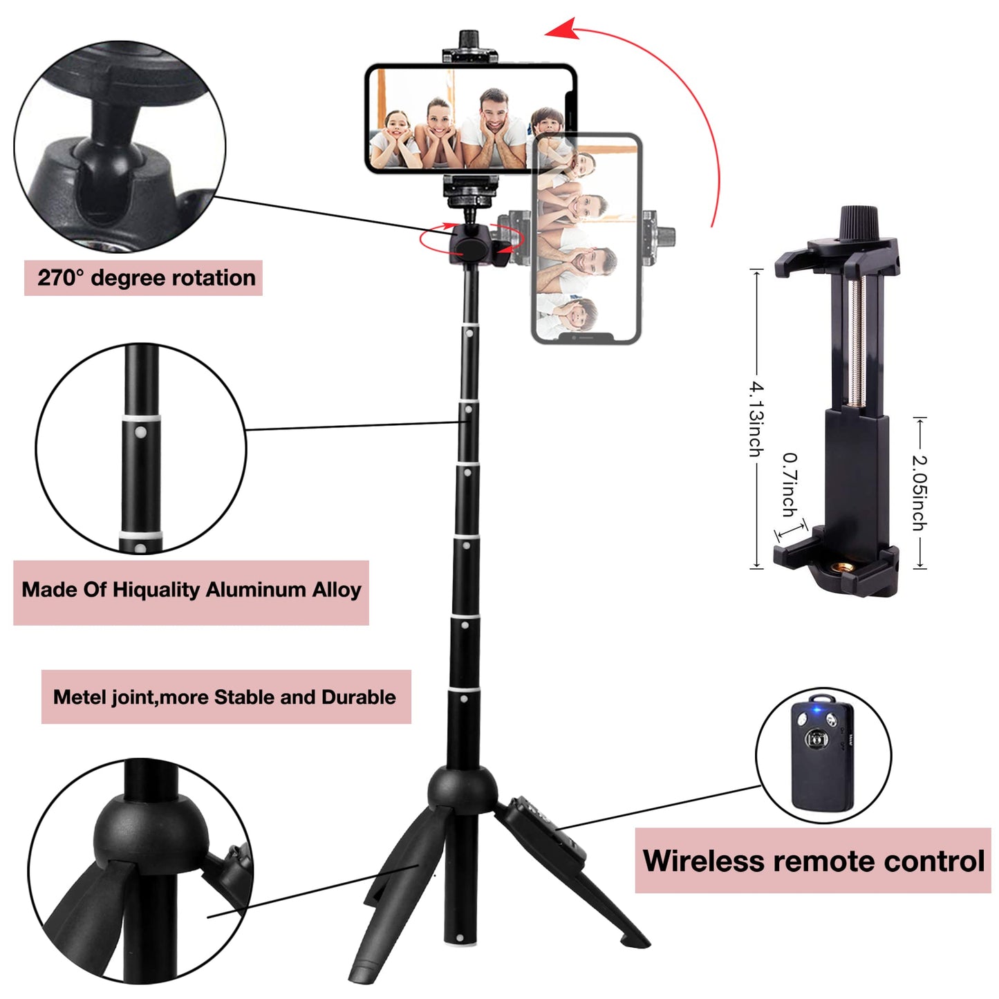 bluehorn Selfie Stick Portable 40 Inch Aluminum Alloy Selfie Stick Phone Tripod with Wireless Remote Shutter Compatible with All Cell Phones for Selfie/Video Recording/Photo/Live Stream/Vlog