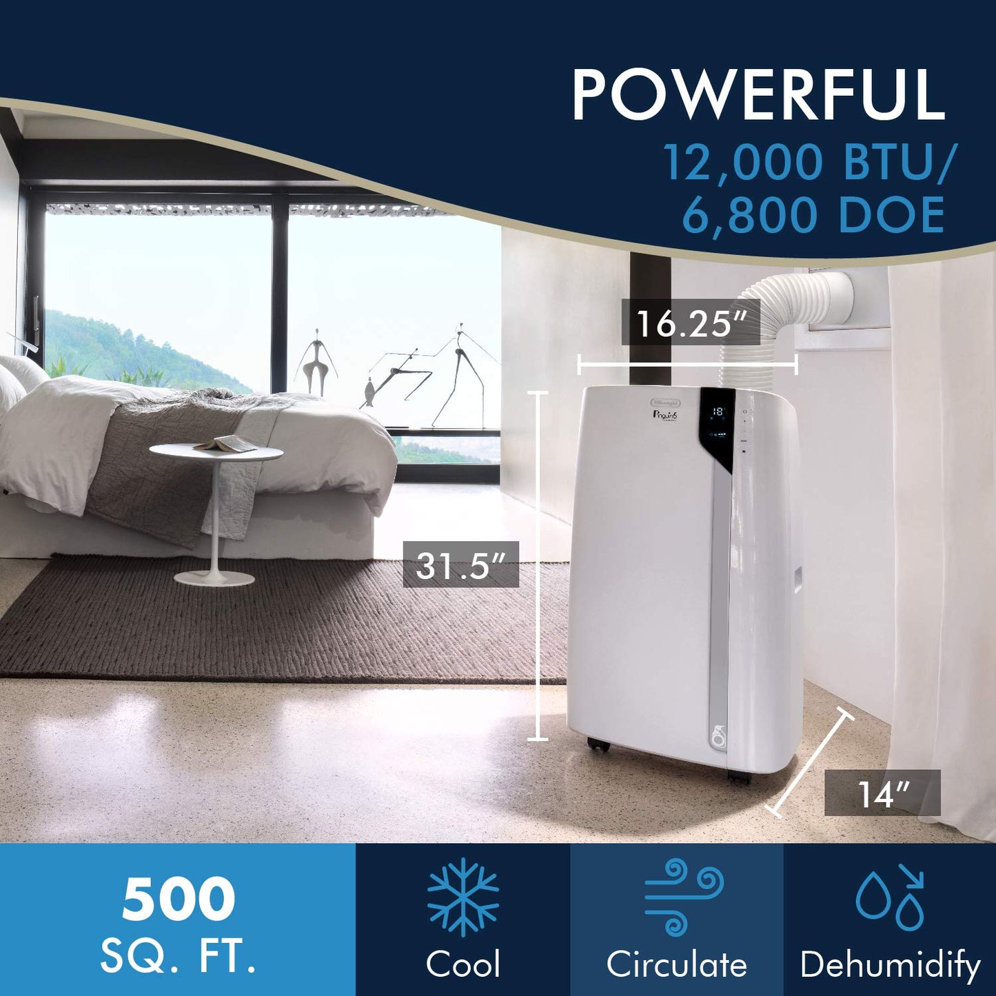 DeLonghi PAC360LVYN WH Pinguino Portable Air Conditioner in White with 6800.0 BTU Cooling Power, Remote Control, Dehumidifier and Portable Design