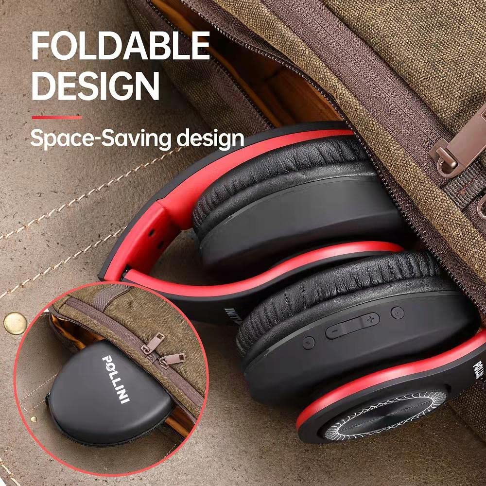 Bluetooth Headphones Wireless, pollini 40H Playtime Foldable Over Ear Headphones with Microphone, Deep Bass Stereo Headset with Soft Memory-Protein Earmuffs for iPhone/Android Cell Phone/PC(Black-Red)