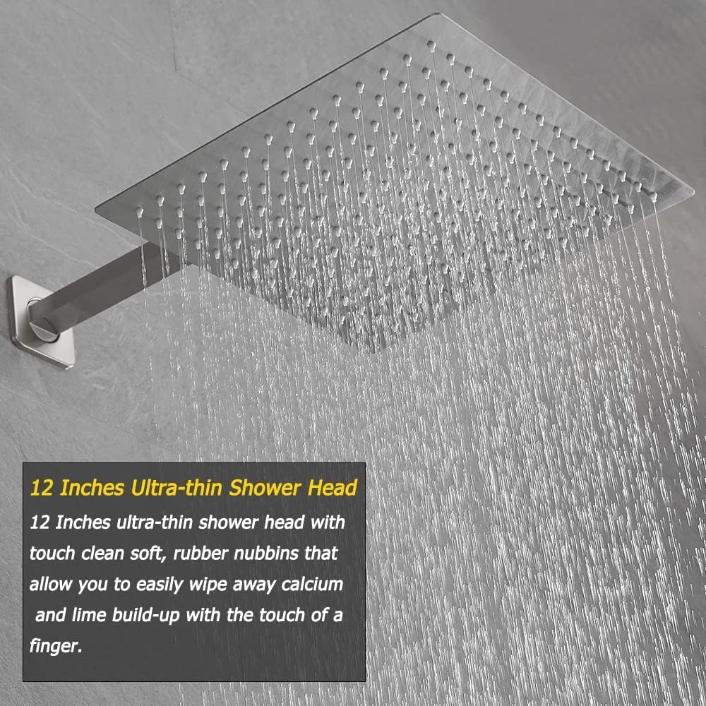 Heable Brushed Nickel Shower System 12 Inches Bathroom Luxury Rain Shower Head with Handheld Combo Set Wall Mounted High Pressure Rainfall Shower Head System Shower Faucet Set with Valve and Trim