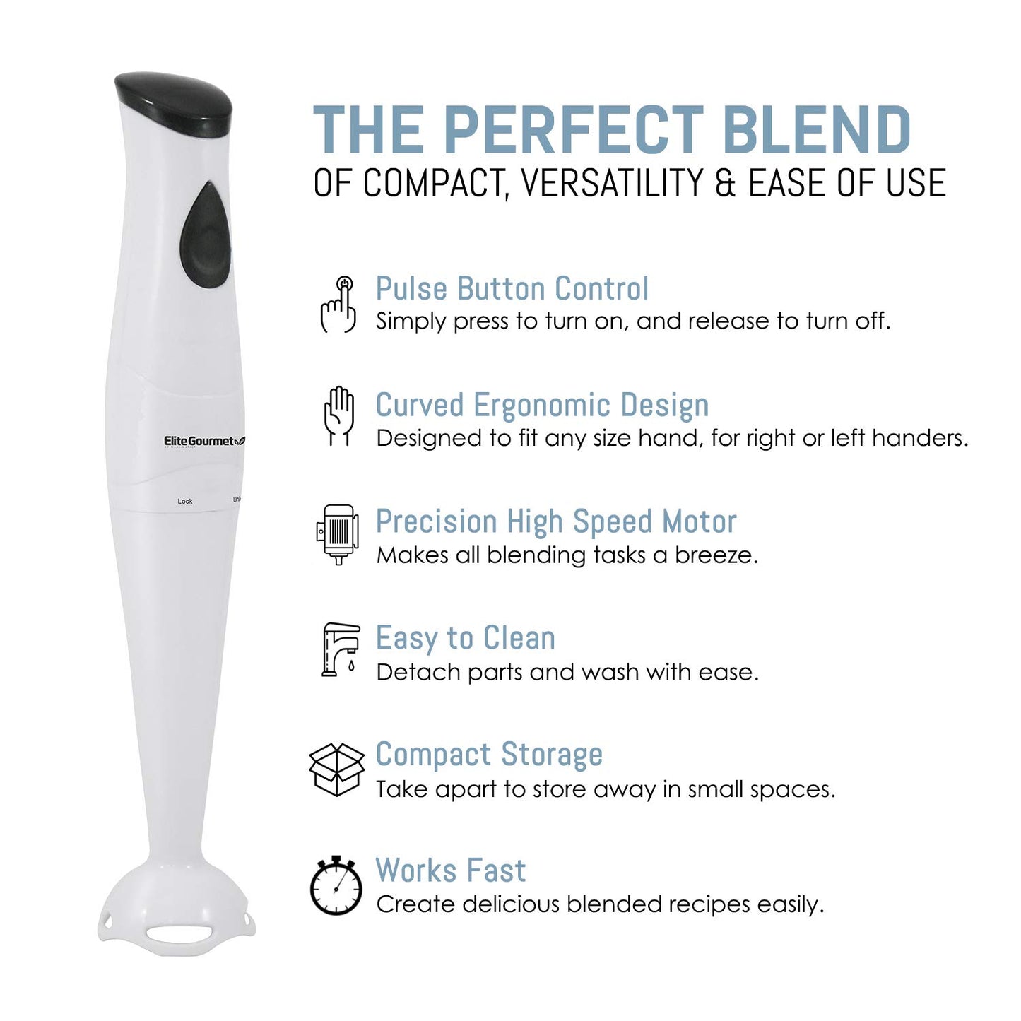 Elite Gourmet EHB-2425X Electric Immersion Hand Blender, Mixer, Chopper, 1-Touch Control Multi Purpose Electric Immersion Stick, Mixer, Chopper, 150 Watts, For Soups, Sauces, Baby Food, White