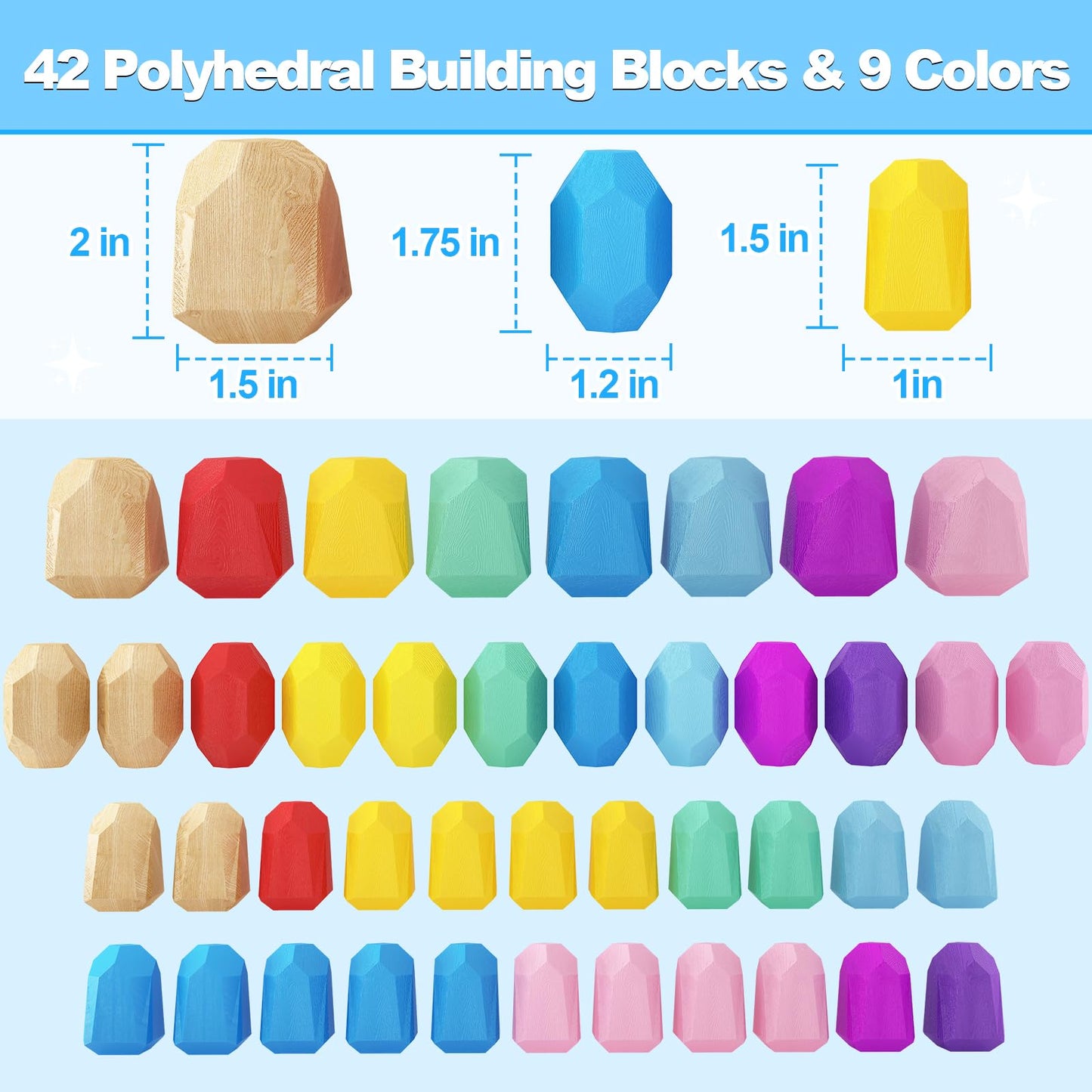 IGIVI Montessori Toys Rainbow Wooden Stacking Rock Set - 42 Natural Wood Blocks - Early Learning Sensory Toys for Toddlers - Birthday Gifts Toys for 2-4 Year Old Boys & Girls