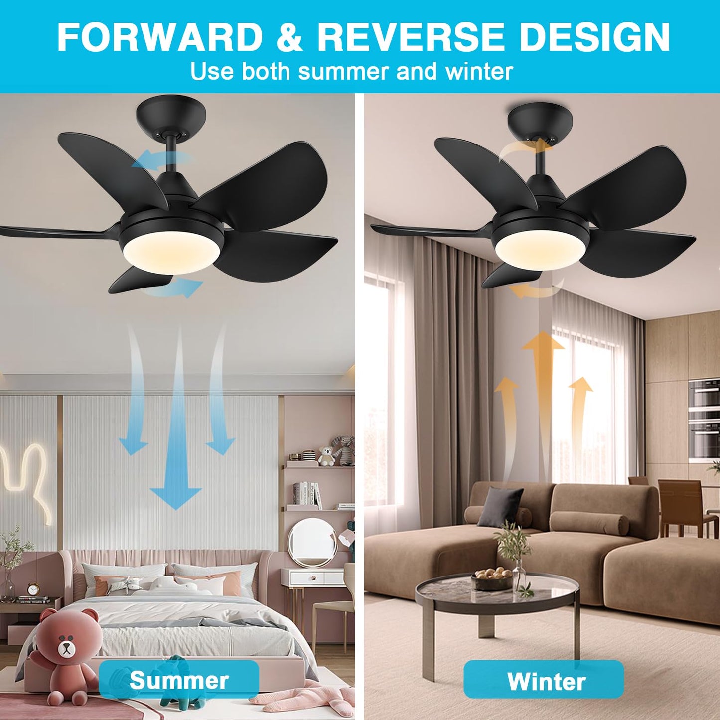CJOY Small Ceiling Fan with Light, 30 Inch Black Modern Ceiling Fans with Lights and Remote, LED Dimmable & Memory Function, 5 Reversible Blades Fan Light for Bedroom/Kitchen/Small Space