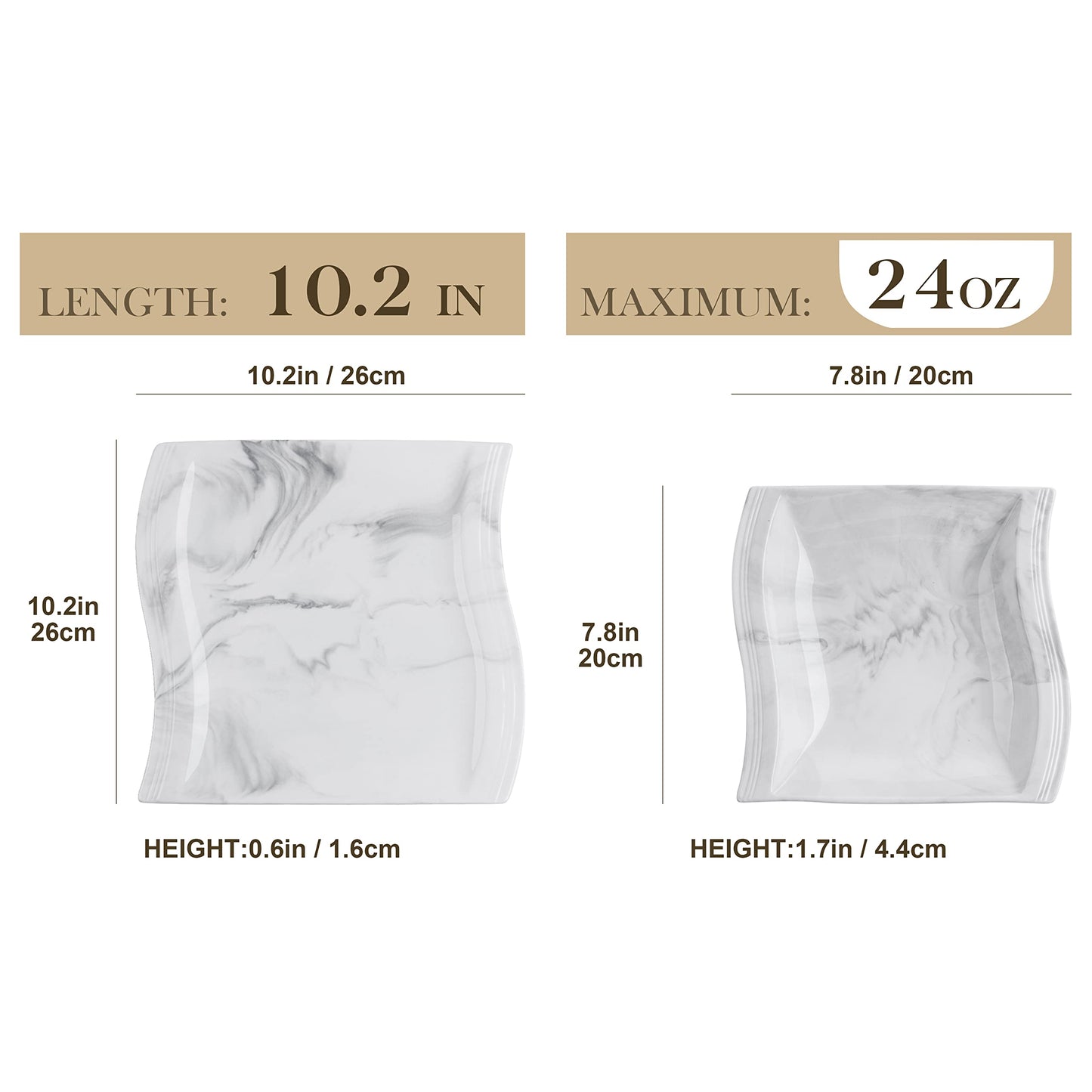MALACASA Square Plate Set, 12-Piece Marble Plates and Bowls Sets for 6, Porcelain Dish Set with Dinner Plates and Pasta Bowls, Modern Dinnerware Sets, Kitchen Plate Bowl Set, Series Flora