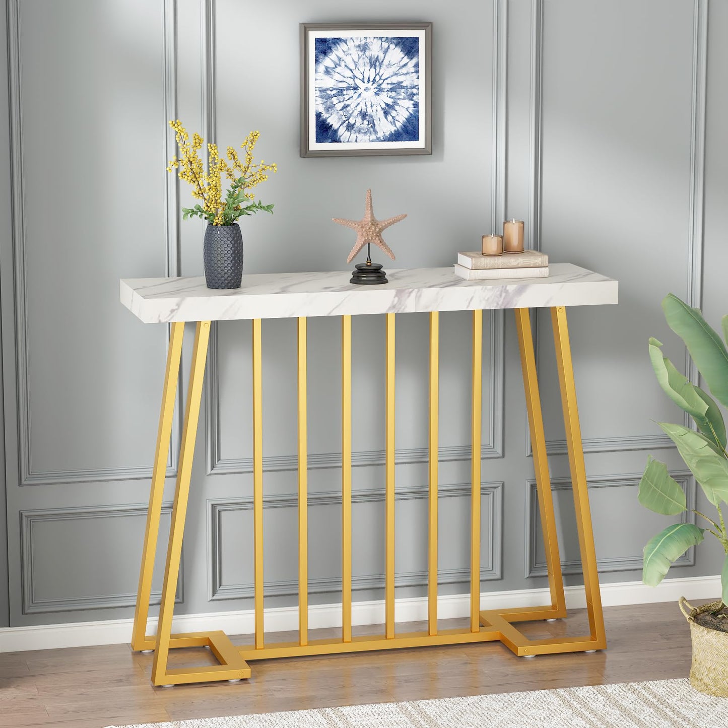 HDDDZSW Gold Entryway Table, Modern 40 inch Faux Marble Narrow Sofa Table Entry Way Table with Geometric Metal Legs for Living Room, Console Tables for Entryway, Hallyway, Entrance