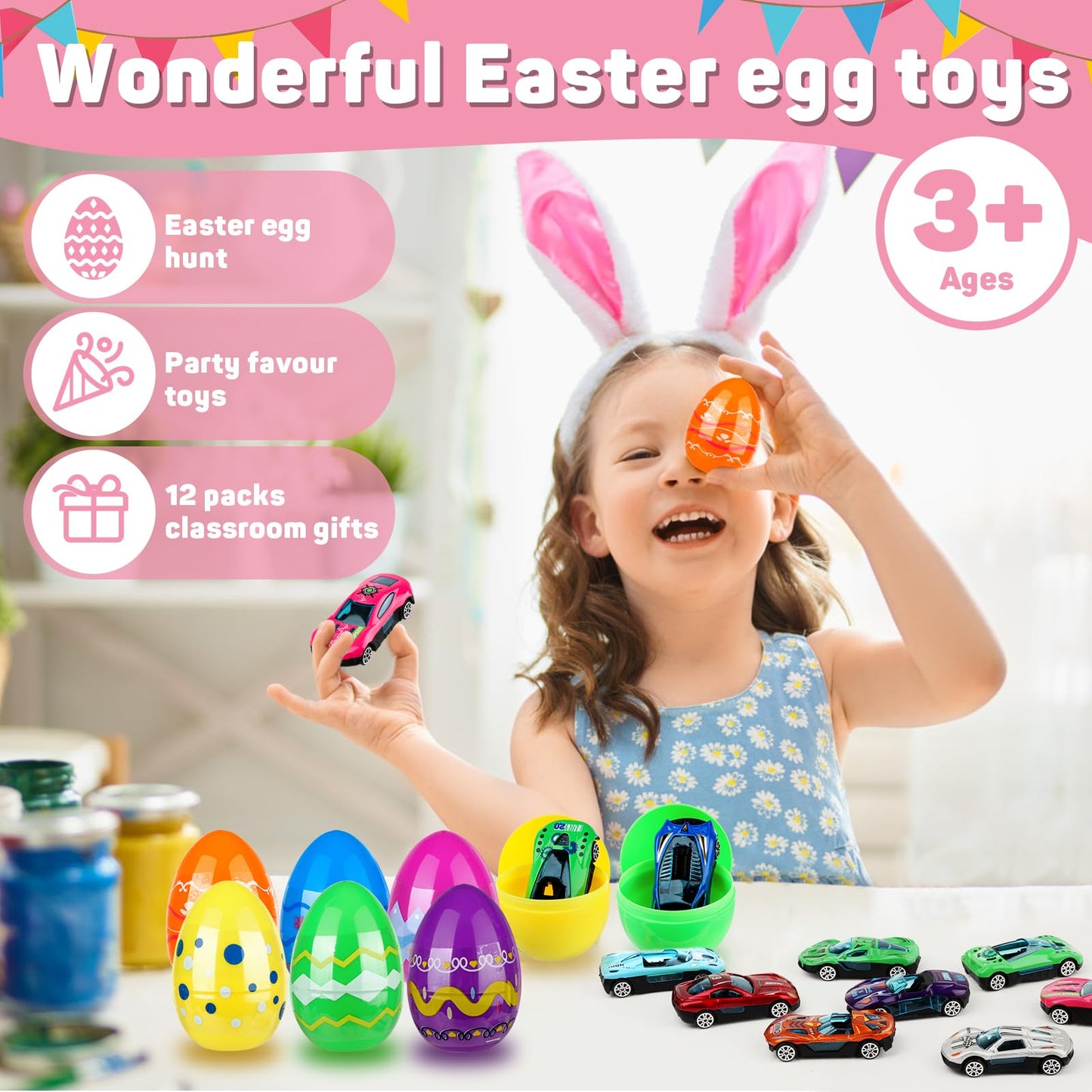 Hoarosall 12pcs Kids Easter Gifts Race Car Vehicle Toys,Prefilled Plastic Easter Eggs Gifts for Boys, Easter Eggs with Toys Inside Car Easter Toys for Kids Ages 4-8,8-12