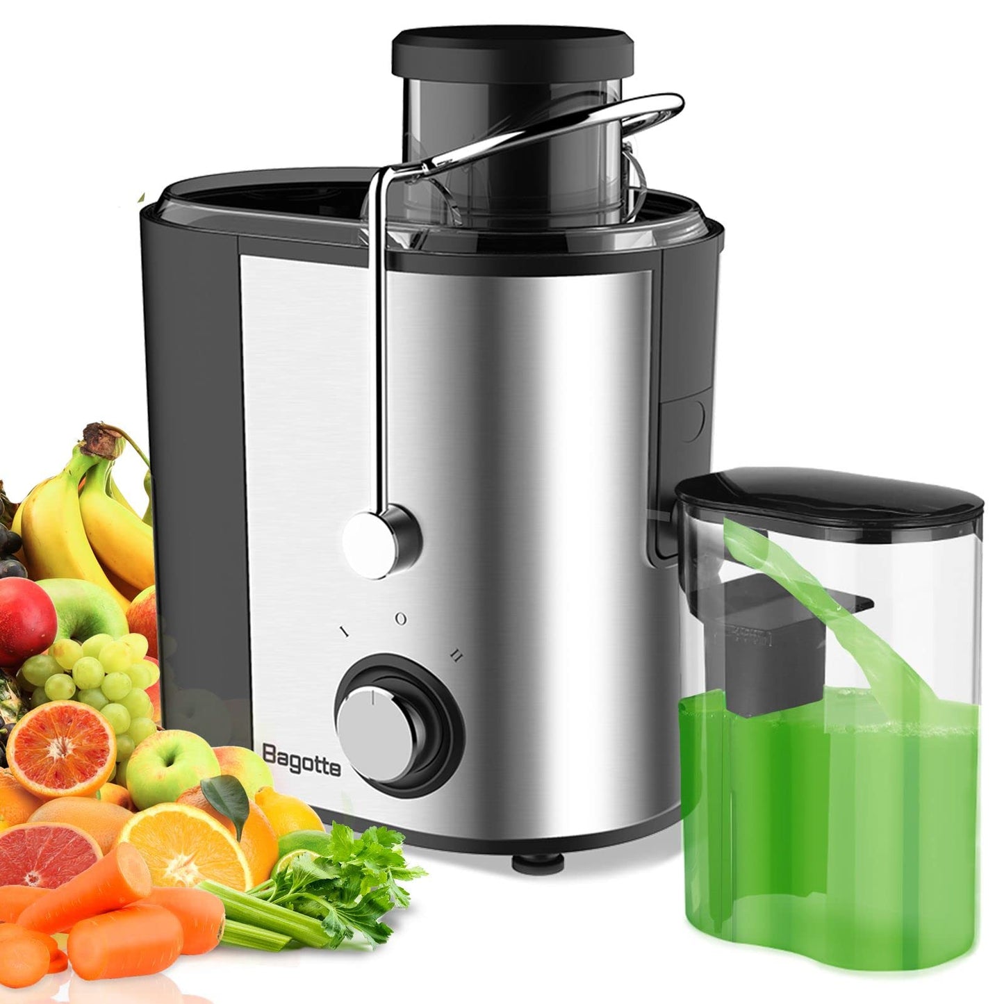 Juicer Machine, Bagotte 400W Centrifugal Juicer Extractor with 3 Speeds, 3'' Feed Chute for Fruit and Vegetable, Juicer,304 Stainless Steel,Easy to Clean,Anti-drip,BPA Free, Included Brush, DB001