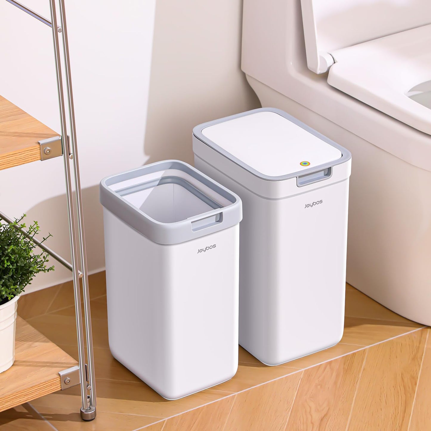 funest Bathroom Trash Can, 2 Pack Small Trash Can, S02 Plastic Waste Basket for Bedroom, Narrow Trash Bin for Home and Office, 3.6 Gal (Press top lid) + 2.4 Gal (Open lid)