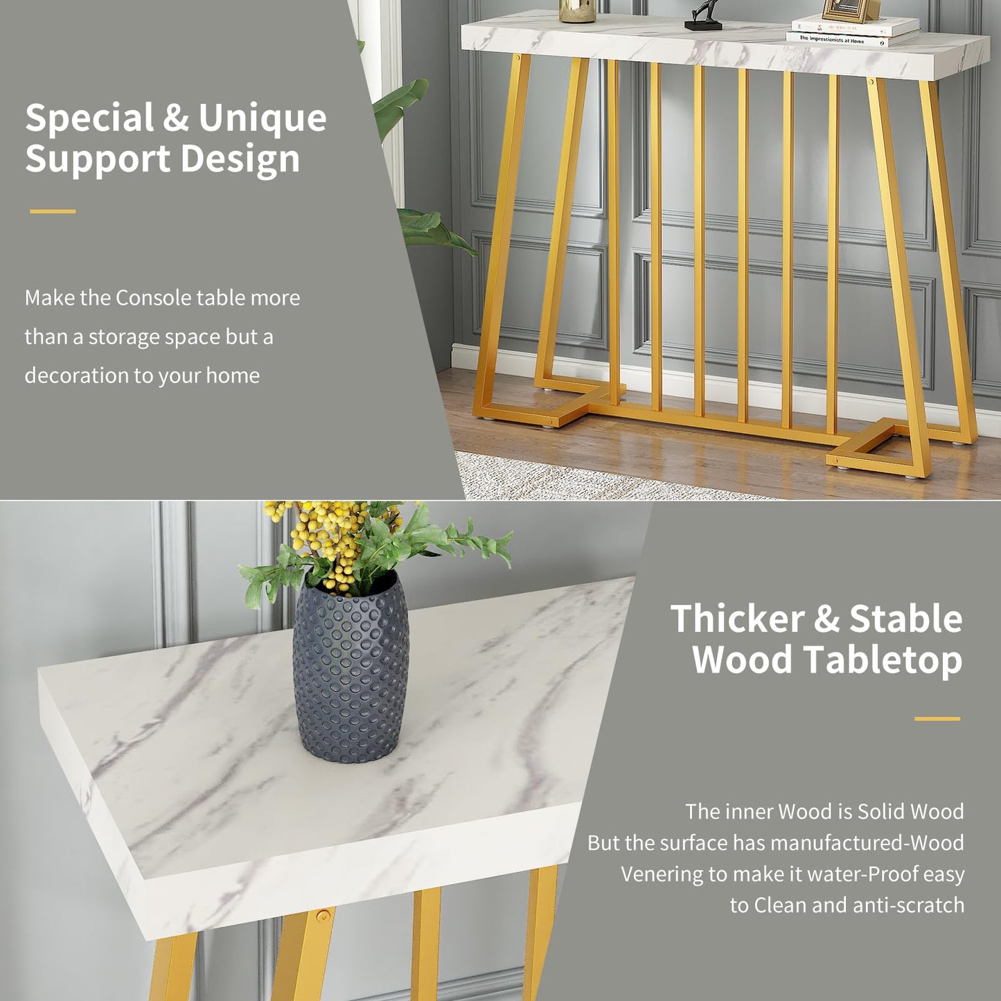 HDDDZSW Gold Entryway Table, Modern 40 inch Faux Marble Narrow Sofa Table Entry Way Table with Geometric Metal Legs for Living Room, Console Tables for Entryway, Hallyway, Entrance