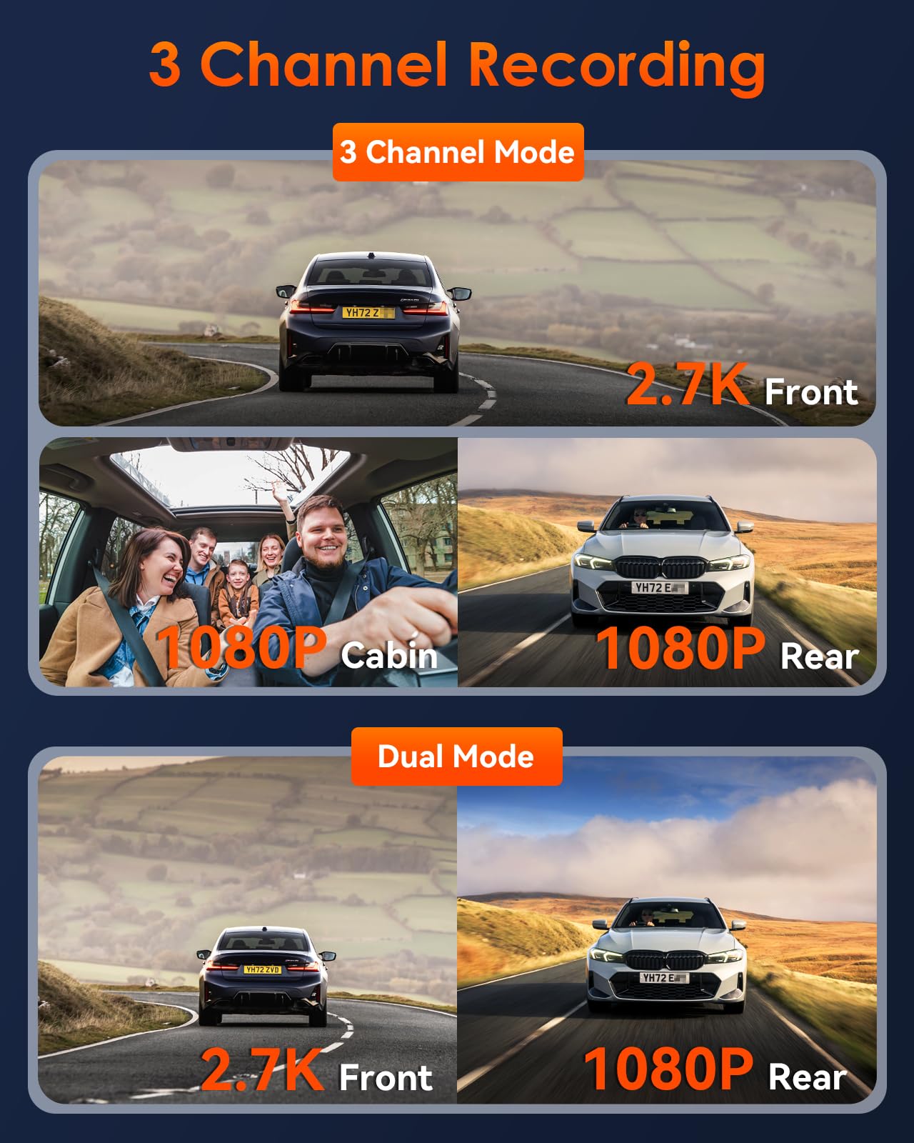 Vantrue E3 3 Channel 2.7K WiFi Dash Cam Front and Rear Inside, 3 Way Triple GPS Dash Camera 1944P+1080P+1080P with STARVIS IR Night Vision, Voice Control, 24 Hours Parking Mode, Support 512GB Max
