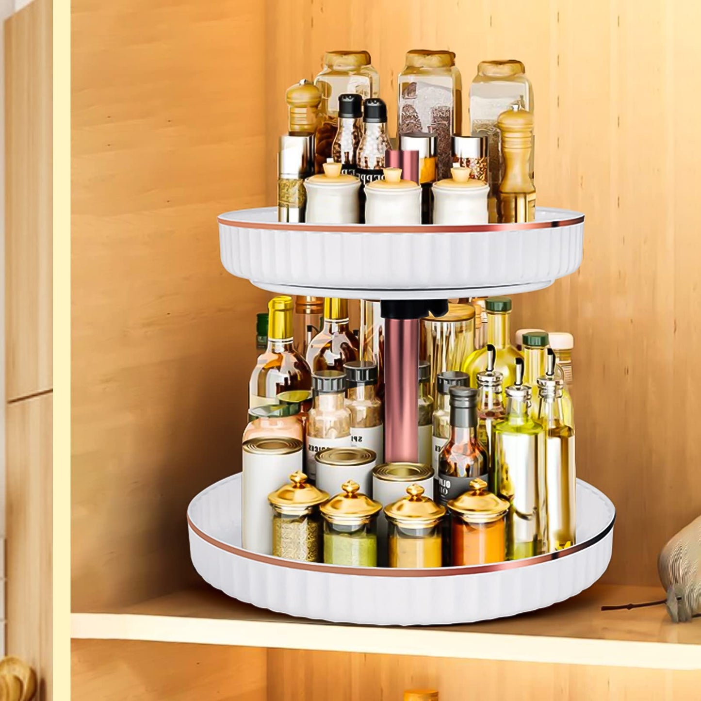2 Tier Lazy Susan Organizer, Spice Rack Organizer for Cabinet, Lazy Susan Spice Organizer Plastic Turntable, 360° Rotating Spice RackCountertop Organization and Storage, White(Diameter 10.23"-11.81")