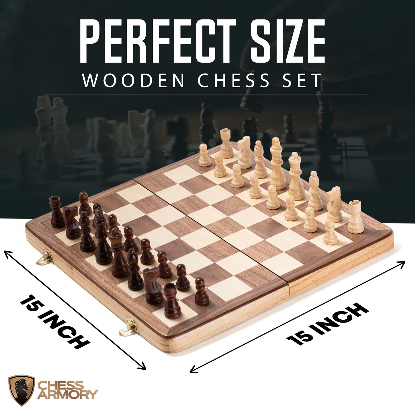 Chess Armory Chess Sets 15 Inch Wooden Chess Set Board Game for Adults and Kids with Extra Queen Pieces & Storage Box