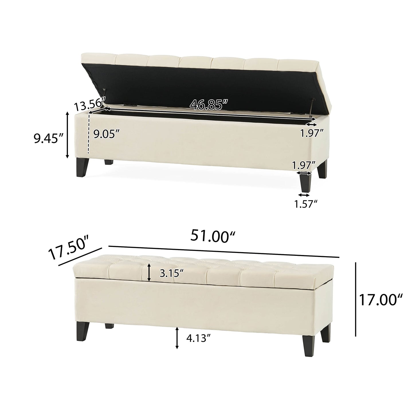 Christopher Knight Home Ottilie Velvet Storage Ottoman, Ivory 17.5”D x 51.0”W x 17.00”H