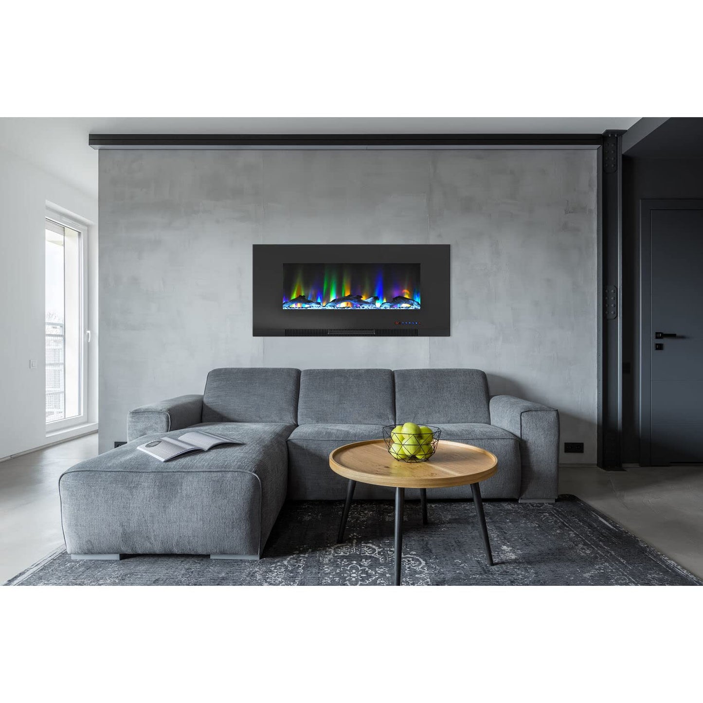 Cambridge 42 In. Electric Wall Mounted Fireplace Heater in Black with Multi-color Flame Driftwood Log Display, Adjustable Heat, Remote