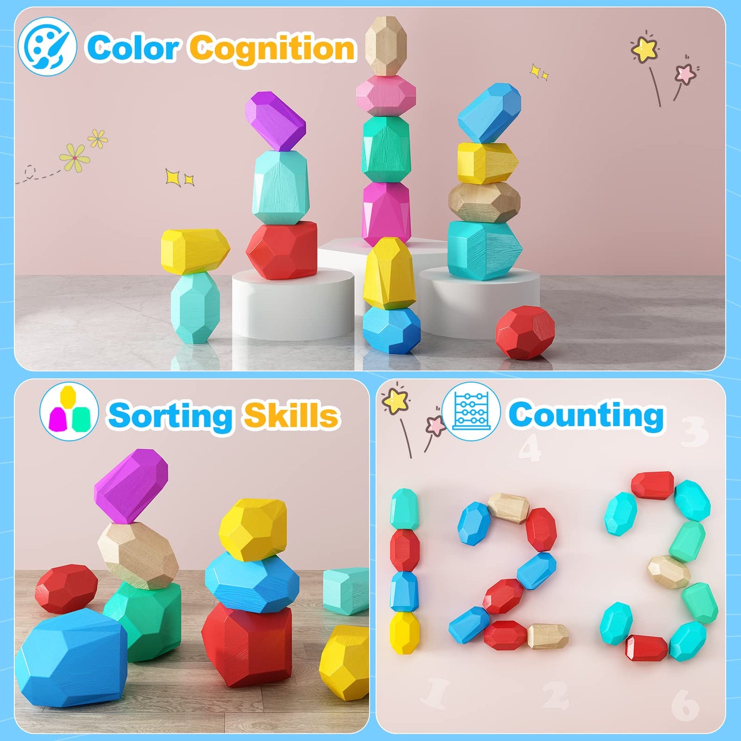 IGIVI Montessori Toys Rainbow Wooden Stacking Rock Set - 42 Natural Wood Blocks - Early Learning Sensory Toys for Toddlers - Birthday Gifts Toys for 2-4 Year Old Boys & Girls
