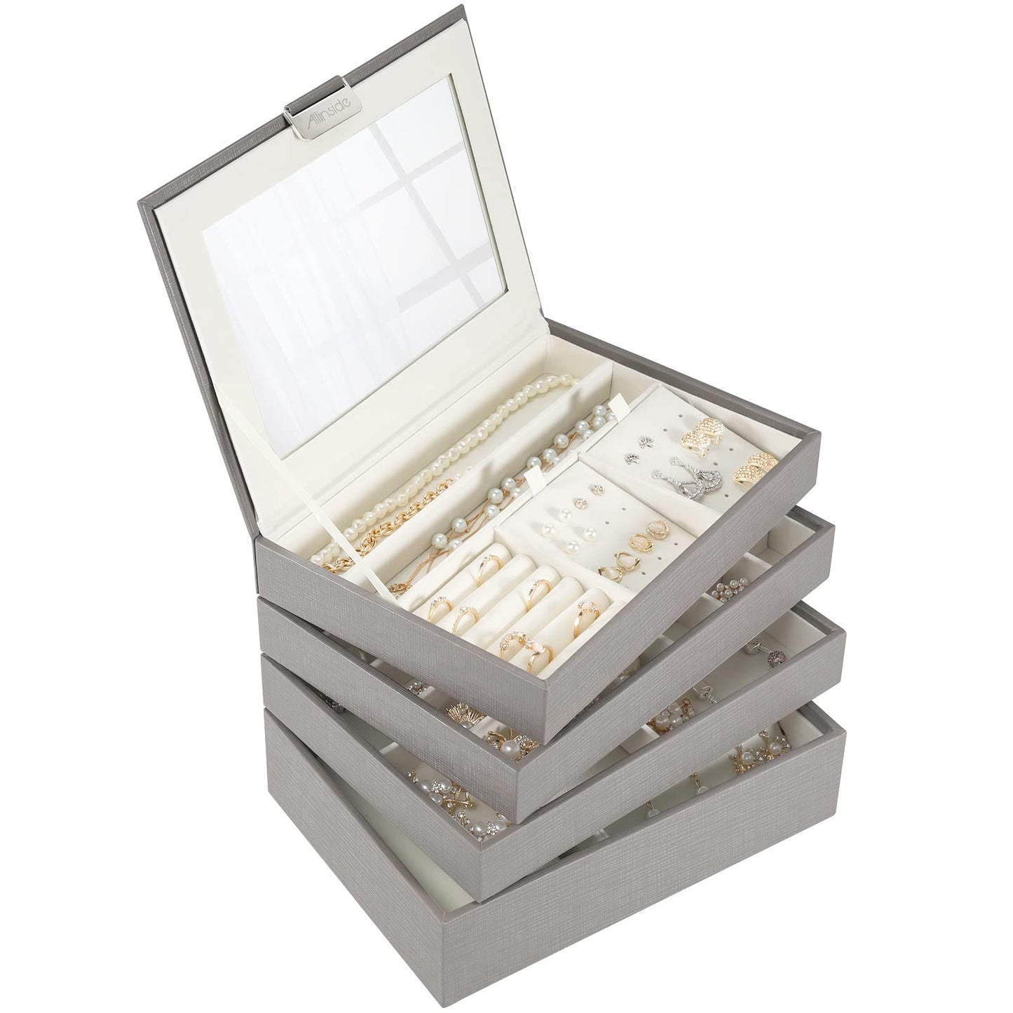 Allinside Stackable Jewelry Tray Box Sets Organizer with Mirror Lid, PU Leather Jewelry Storage Display Case for Drawer Dresser, Jewelry Holder Trays for Earring Ring Necklace Watch, Set of 4, Gray