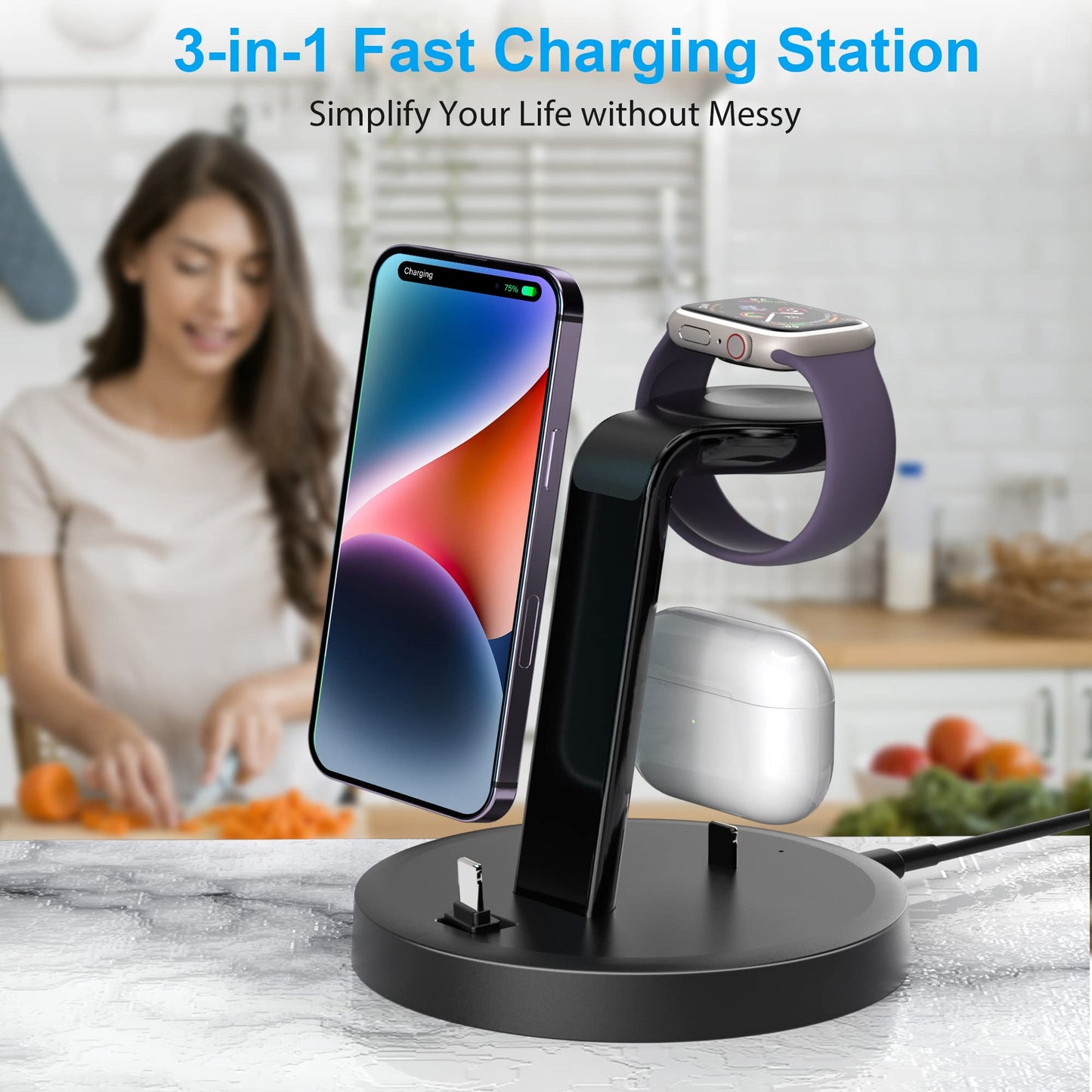 3 in 1 Charging Station, ORIEMAC Wireless Charger for Apple Watch Series 8/7/6/5/4/3/2/SE, Charging Dock Stand for AirPods iPhone 14/13/12/11/Pro/Pro Max/XS/XR/X/8 with 15W Adapter