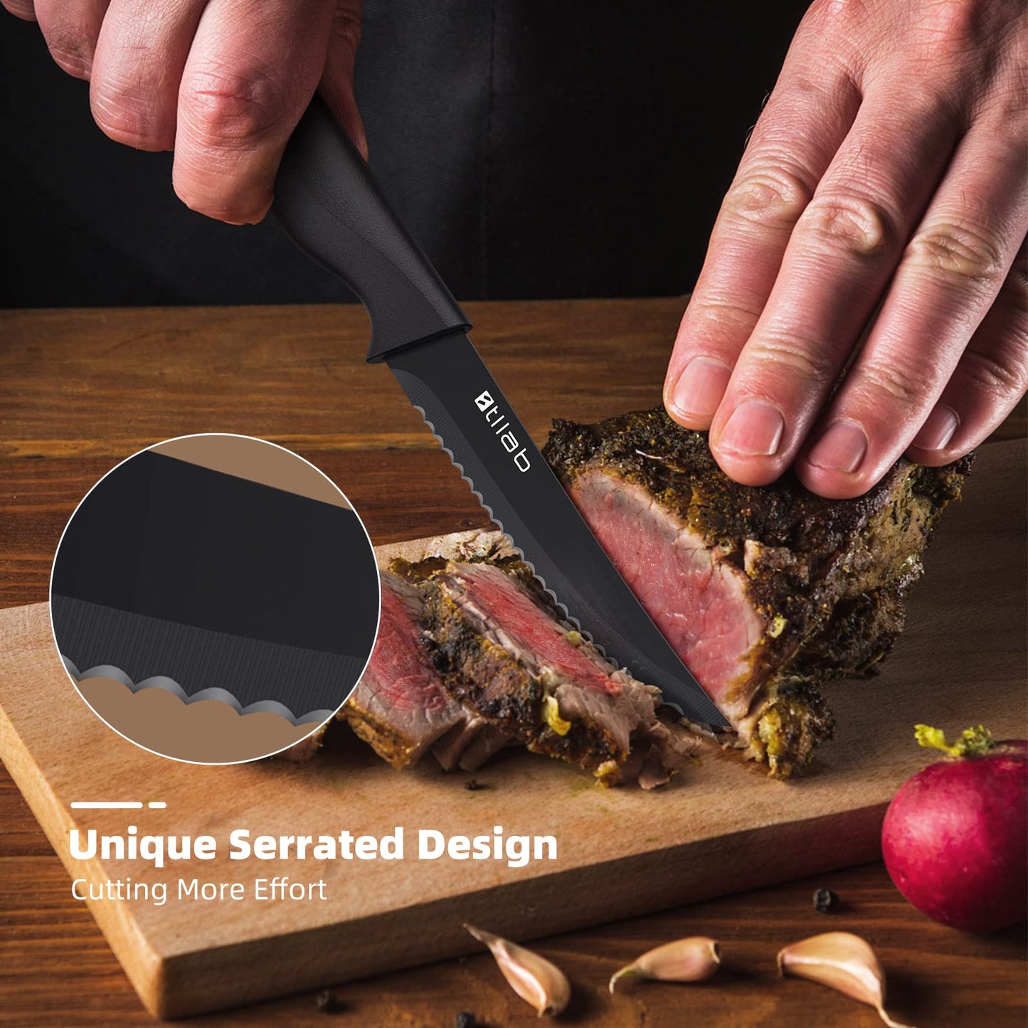 Stllab Steak Knives Set of 8, Serrated Stainless Steel Steak Knife, Dishwasher Safe, Black