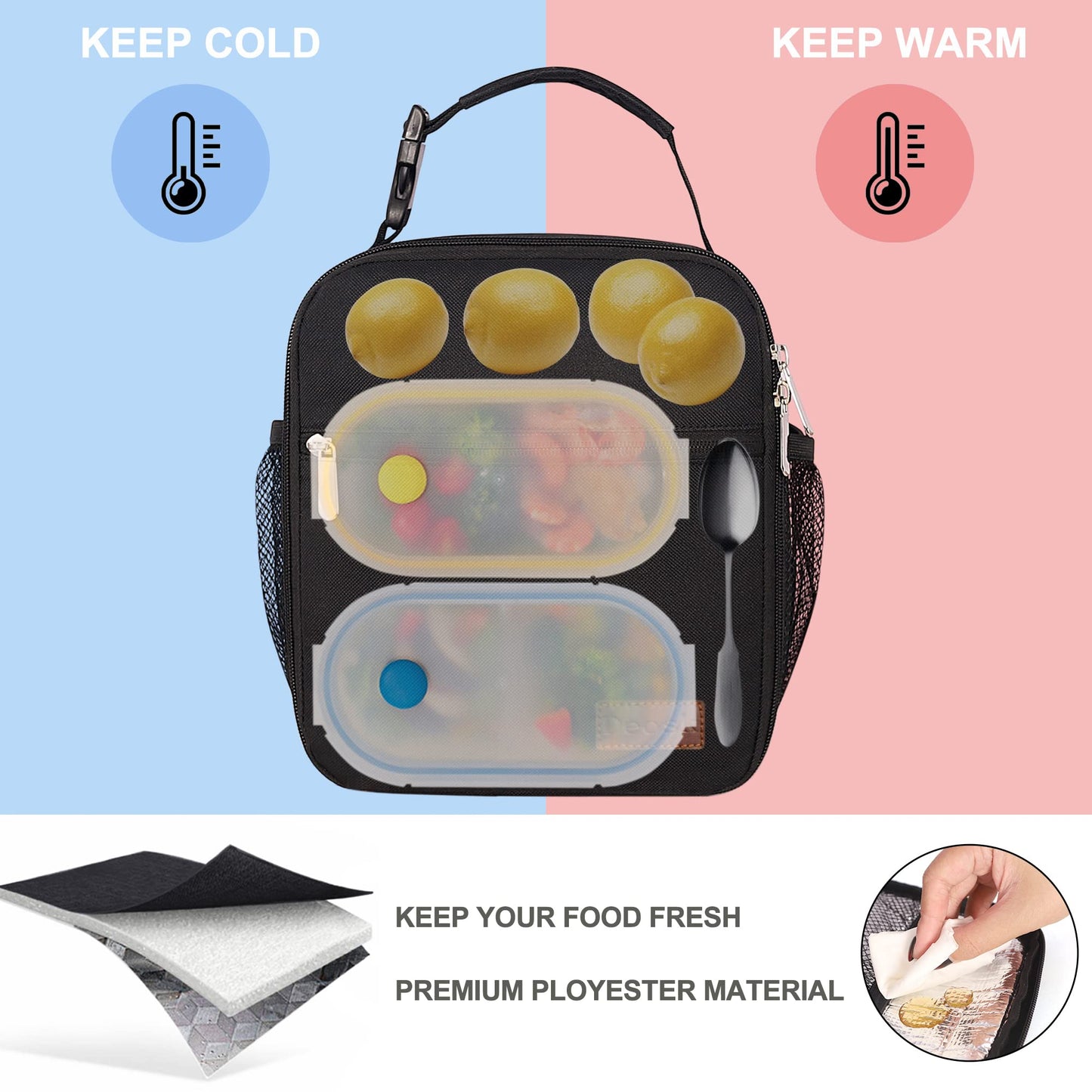 Deosk Lunch Bag Reusable Small Lunch Box for Men Women Insulated Portable Lunchbox for adults Suitable for School Work Picnic (Black)
