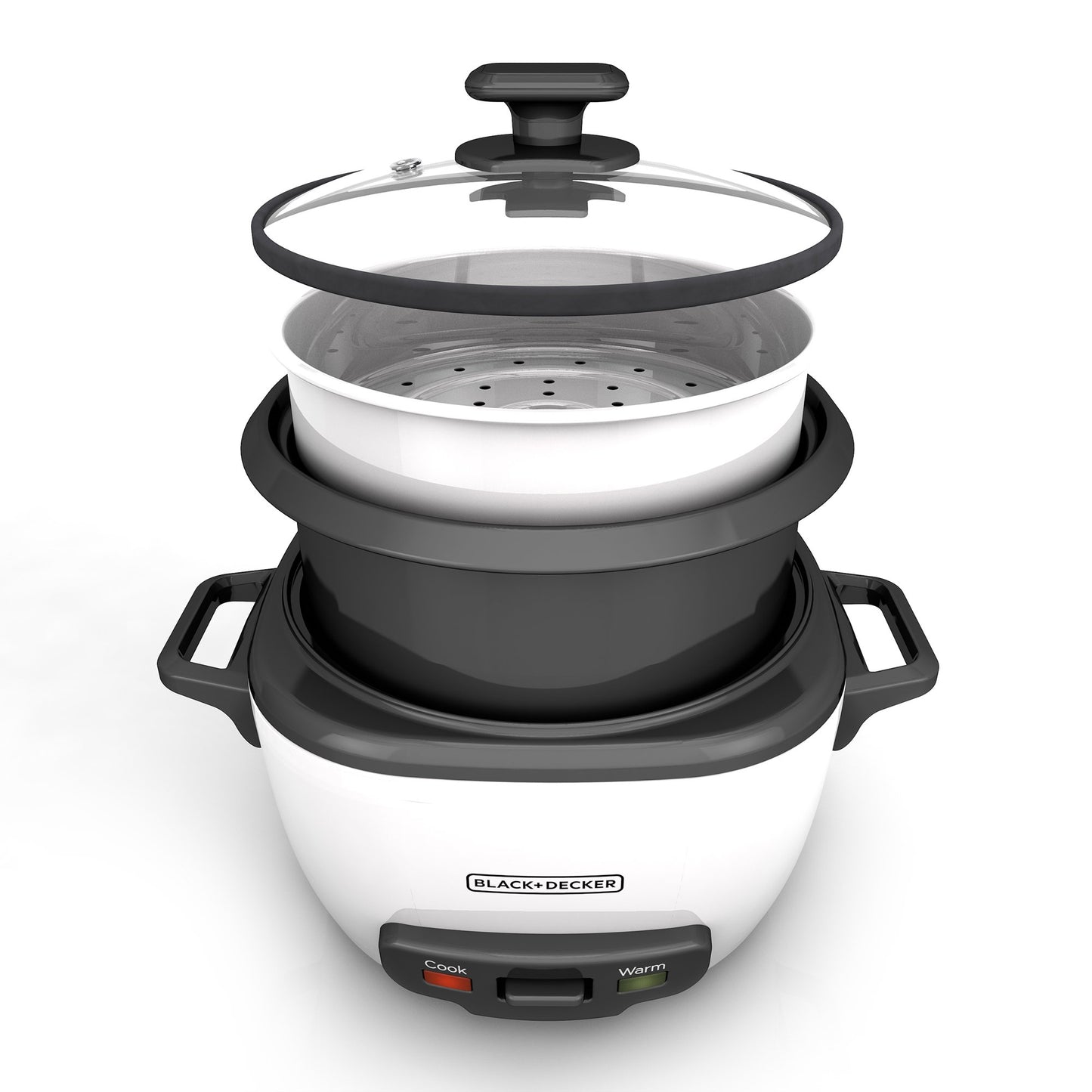 BLACK+DECKER Rice Cooker 3 Cups Cooked (1.5 Cups Uncooked) with Steaming Basket, Removable Non-Stick Bowl, White