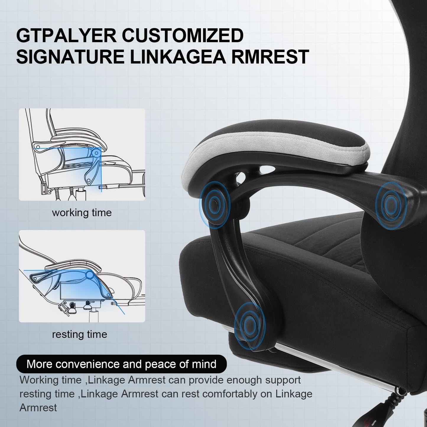 GTPLAYER Gaming Chair with Footrest Fabric Office Chair with Pocket Spring Cushion and Linkage Armrests, High Back Ergonomic Computer Chair with Lumbar Support Task Chair (Black)