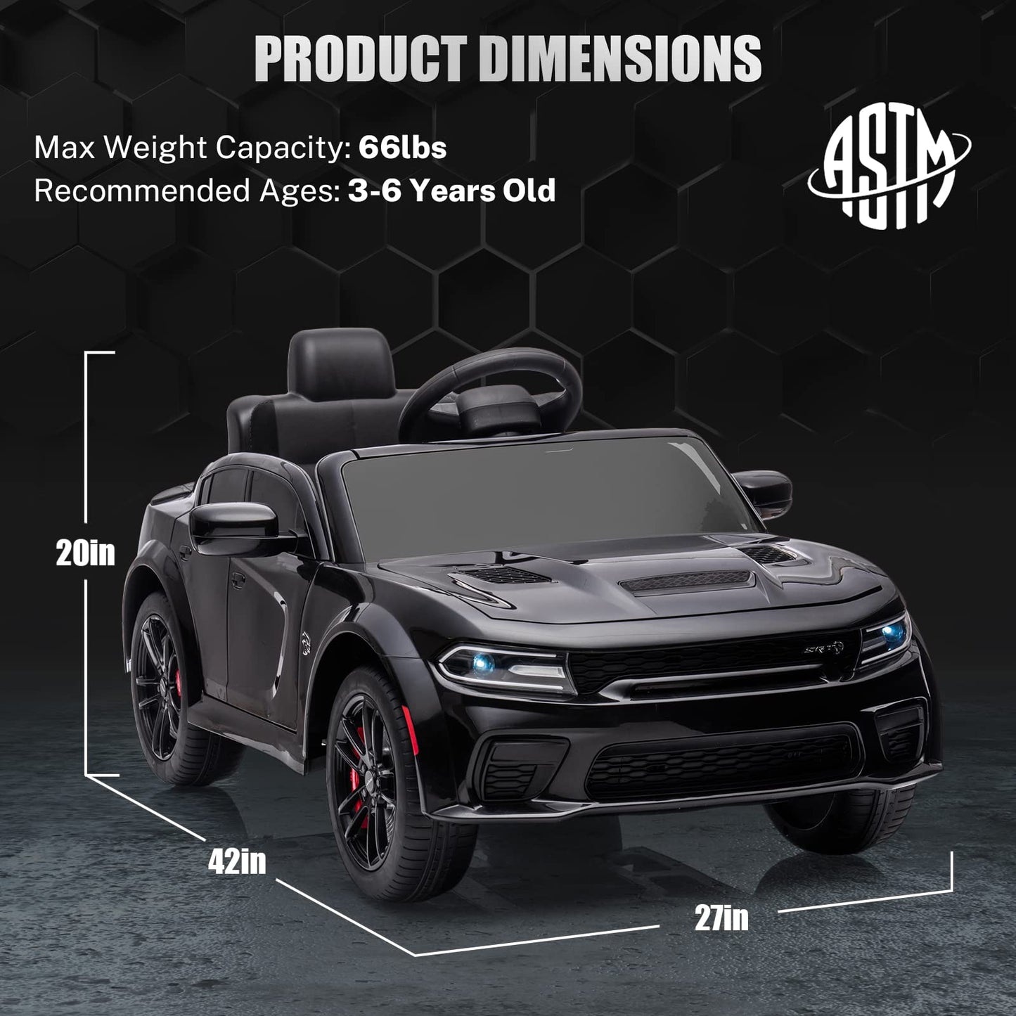 ENYOPRO 12V 7Ah Kids Electric Ride on Car, Licensed Dodge Charger SRT Hellcat, Battery Powered 4-Wheels Toy Car Electric Vehicle for Kids with Remote Control, 3 Speeds, LED Lights, Music (Black)