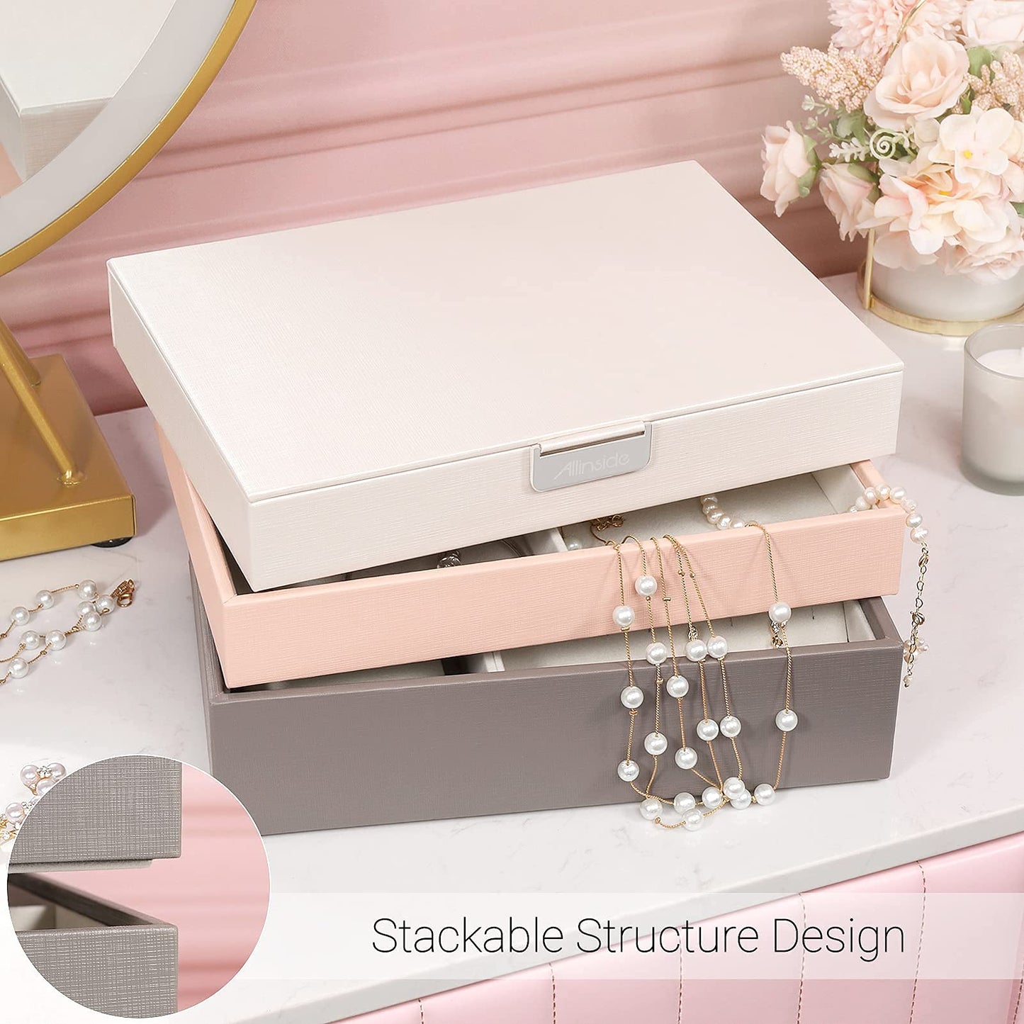 Allinside Stackable Jewelry Tray Box Sets Organizer with Mirror Lid, PU Leather Jewelry Storage Display Case for Drawer Dresser, Jewelry Holder Trays for Earring Ring Necklace Watch, Set of 4, Gray