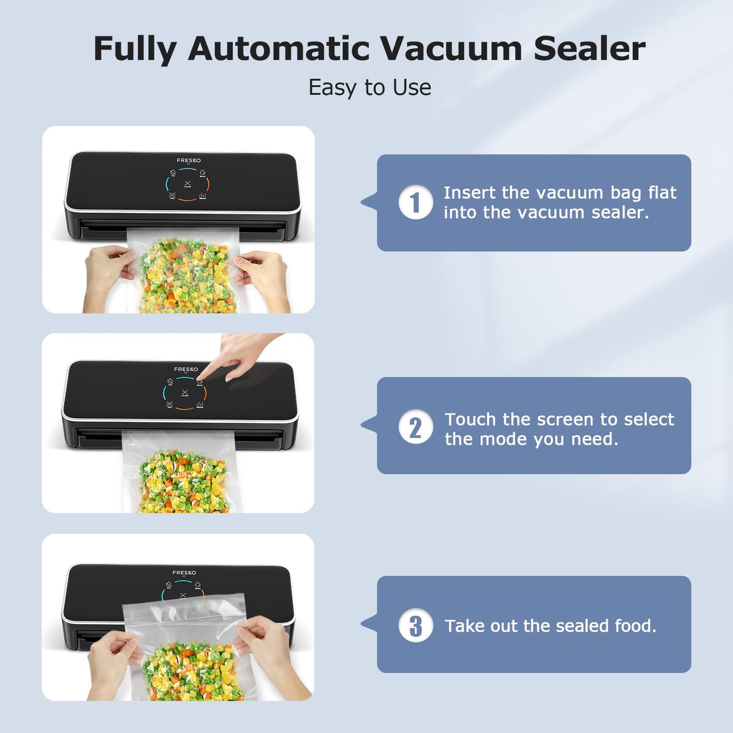 FRESKO Upgraded Fully Automatic Vacuum Sealer, Hands-Free Food Vacuum Sealer without Flipping the Lid, Easy-to-Use Touch Operation with Visual Progress Bar, ETL Certified