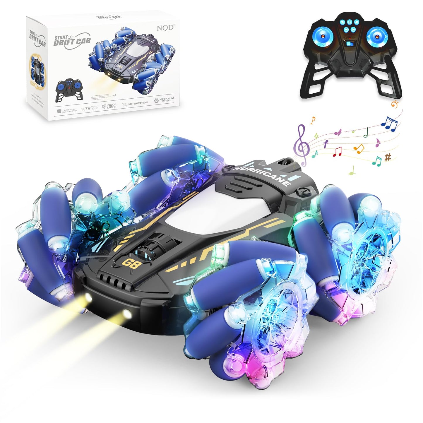 NQD Remote Control Car, RC Cars Stunt Car Toy, 4WD 2.4Ghz Double Sided 360° Rotating RC Car with Cool Light and Music, Kids Xmas Toy Cars for Boys/Girls (Blue)